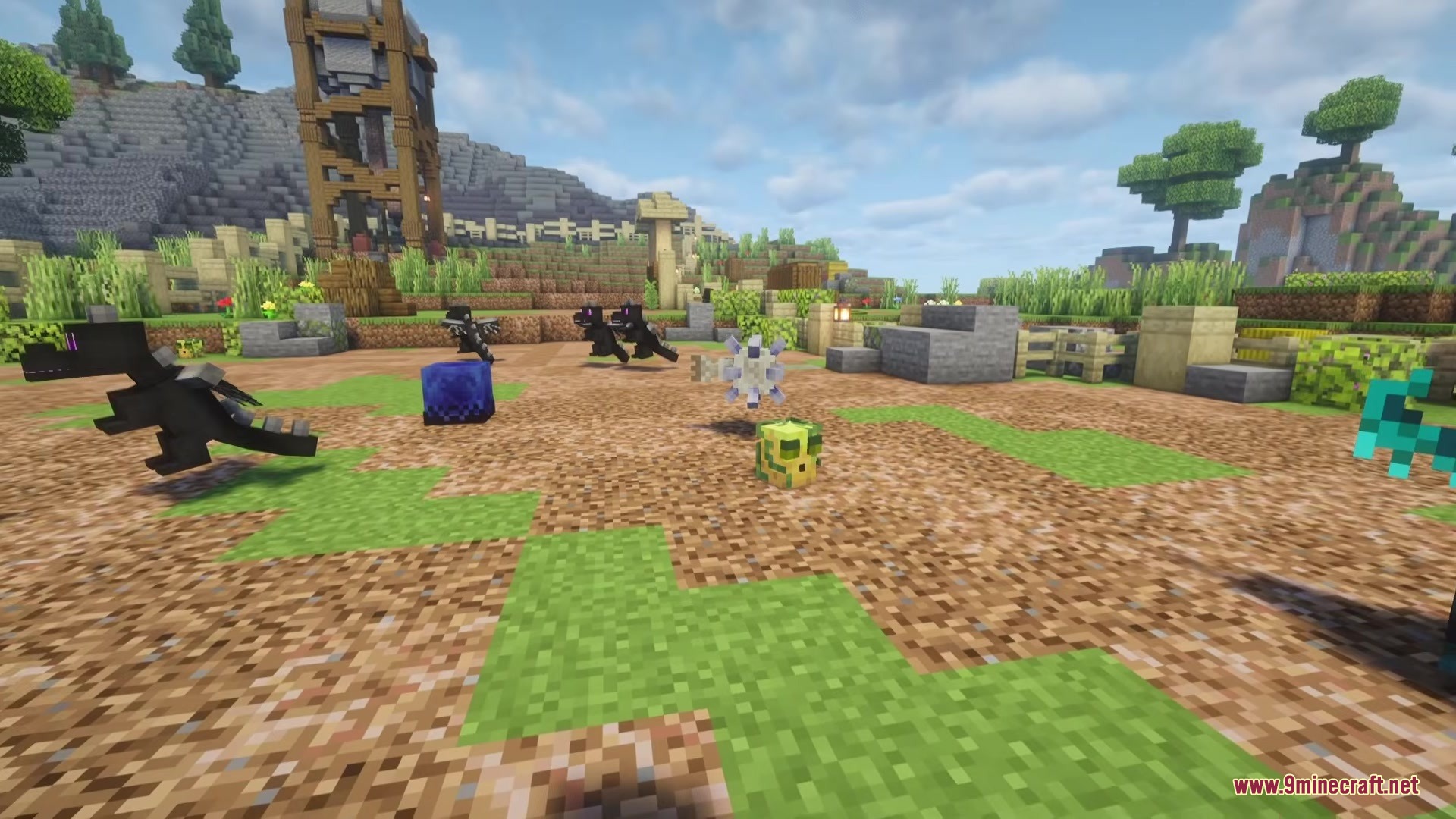 Cursed Relics Dungeons Mod Screenshot 1 Small black dragons and unique blocks scattered across a grassy field