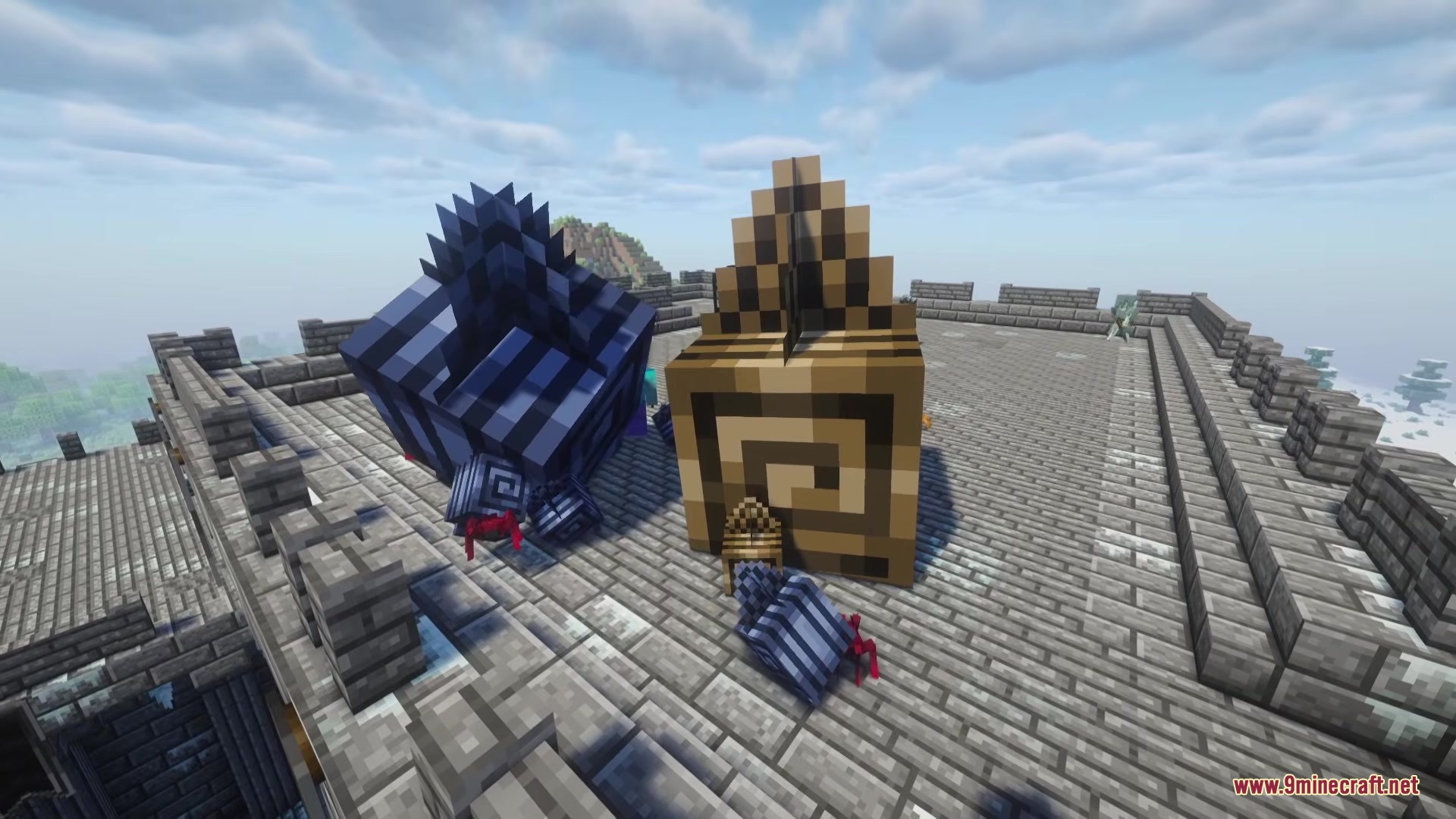 Cursed Relics Dungeons Mod Screenshot 10 Large patterned relic blocks and small spider creatures on a stone roof