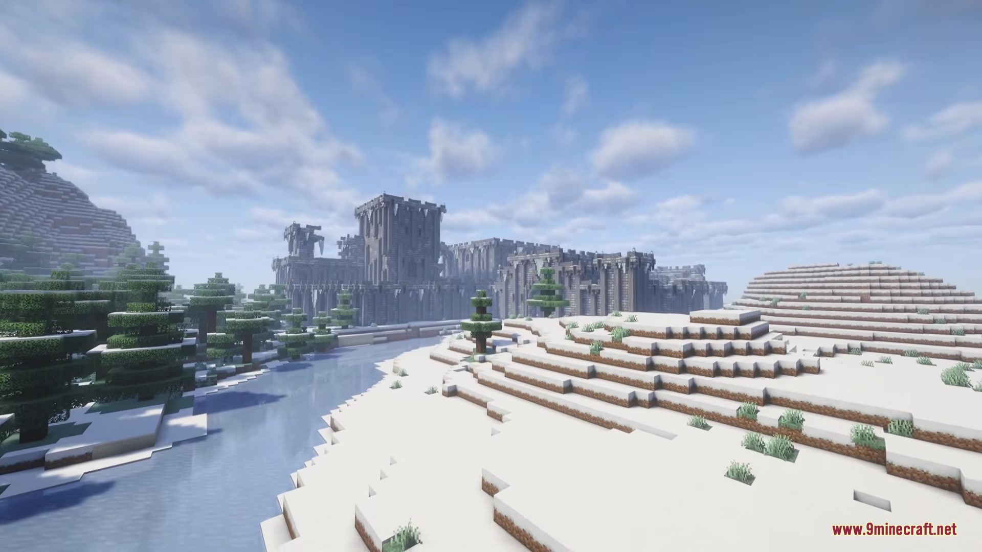 Cursed Relics Dungeons Mod Screenshot 2 A massive stone castle standing in a snowy landscape by a river