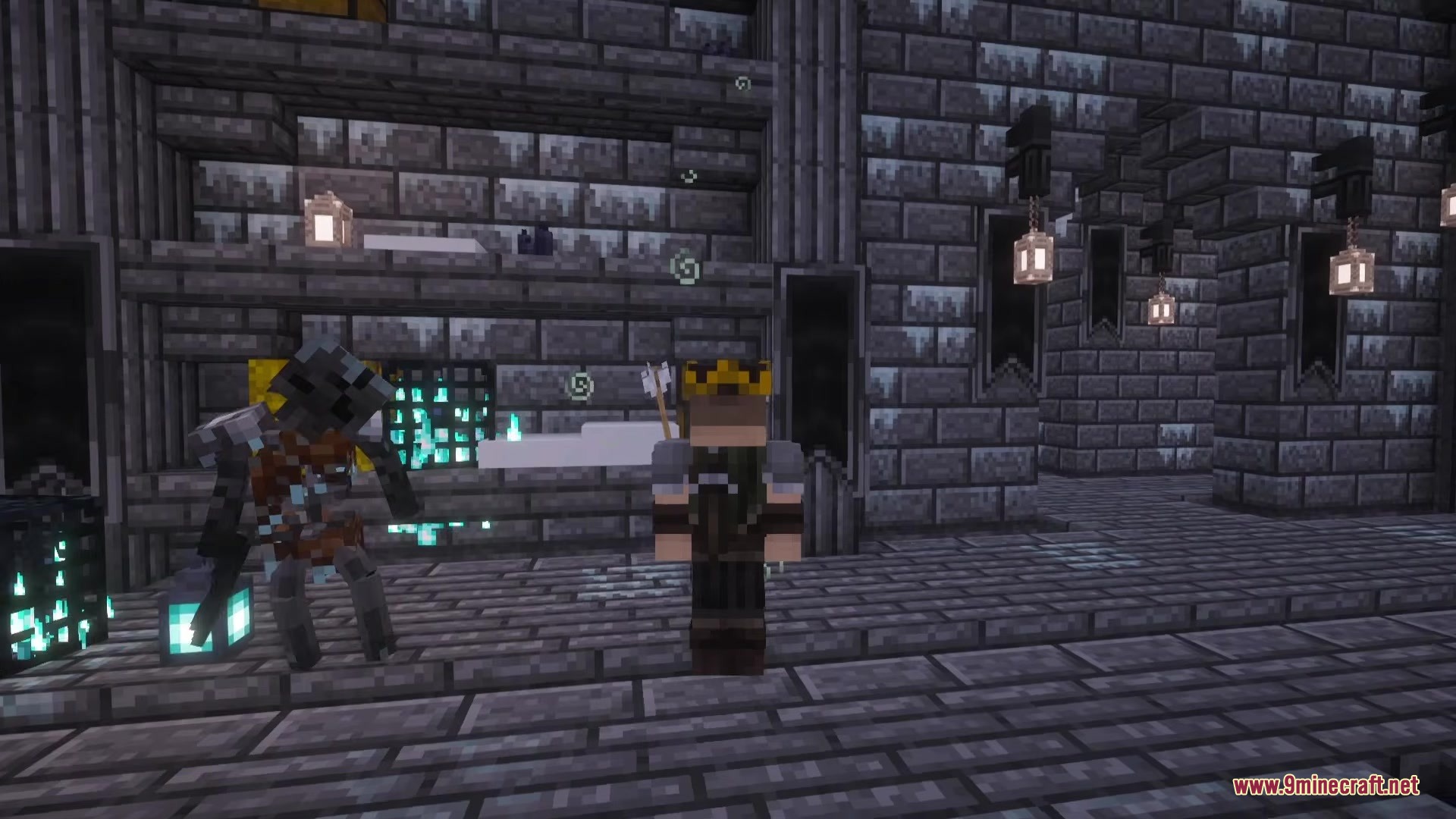 Cursed Relics Dungeons Mod Screenshot 5 Player in a crown explores a dark stone dungeon with a skeletal guard