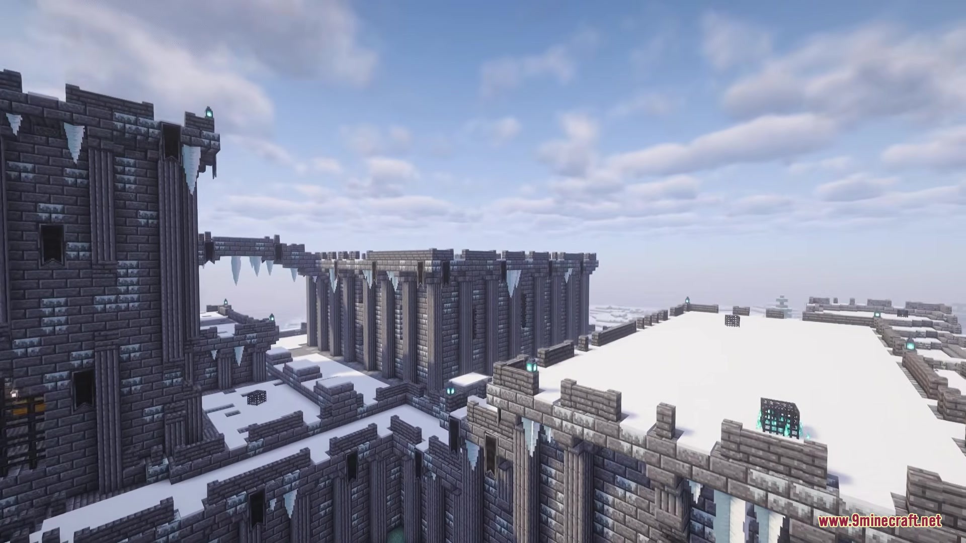 Cursed Relics Dungeons Mod Screenshot 7 Large stone dungeon fortress with icicles in a snowy biome