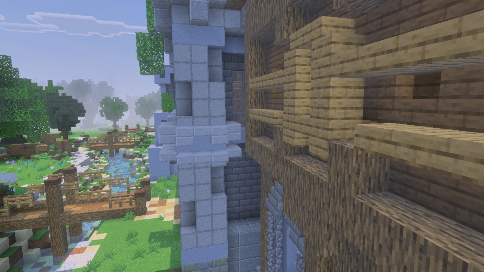 Close up of building textures with a river and bridges in the background
