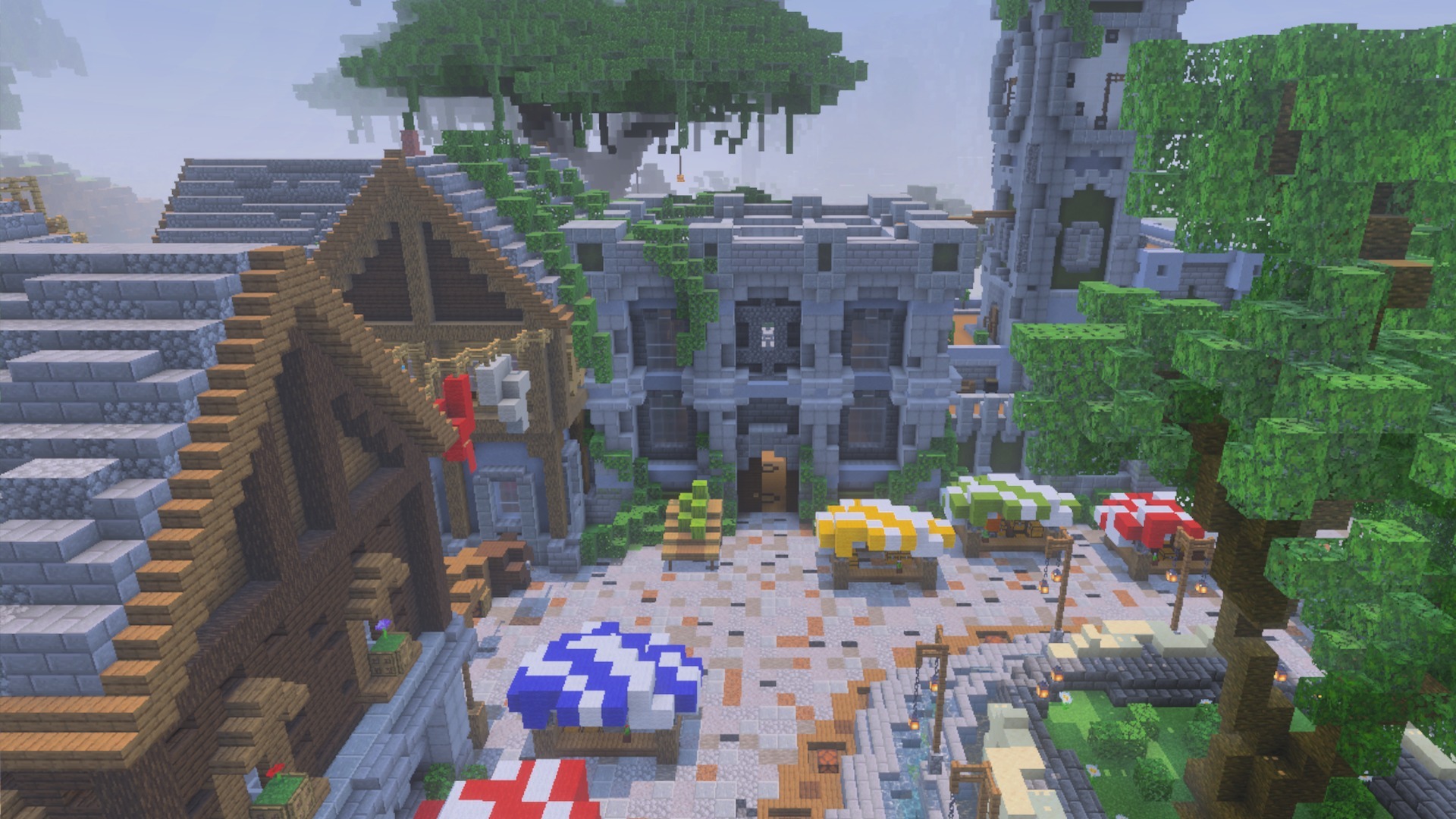 Aerial view of a Minecraft village square with colorful market stalls