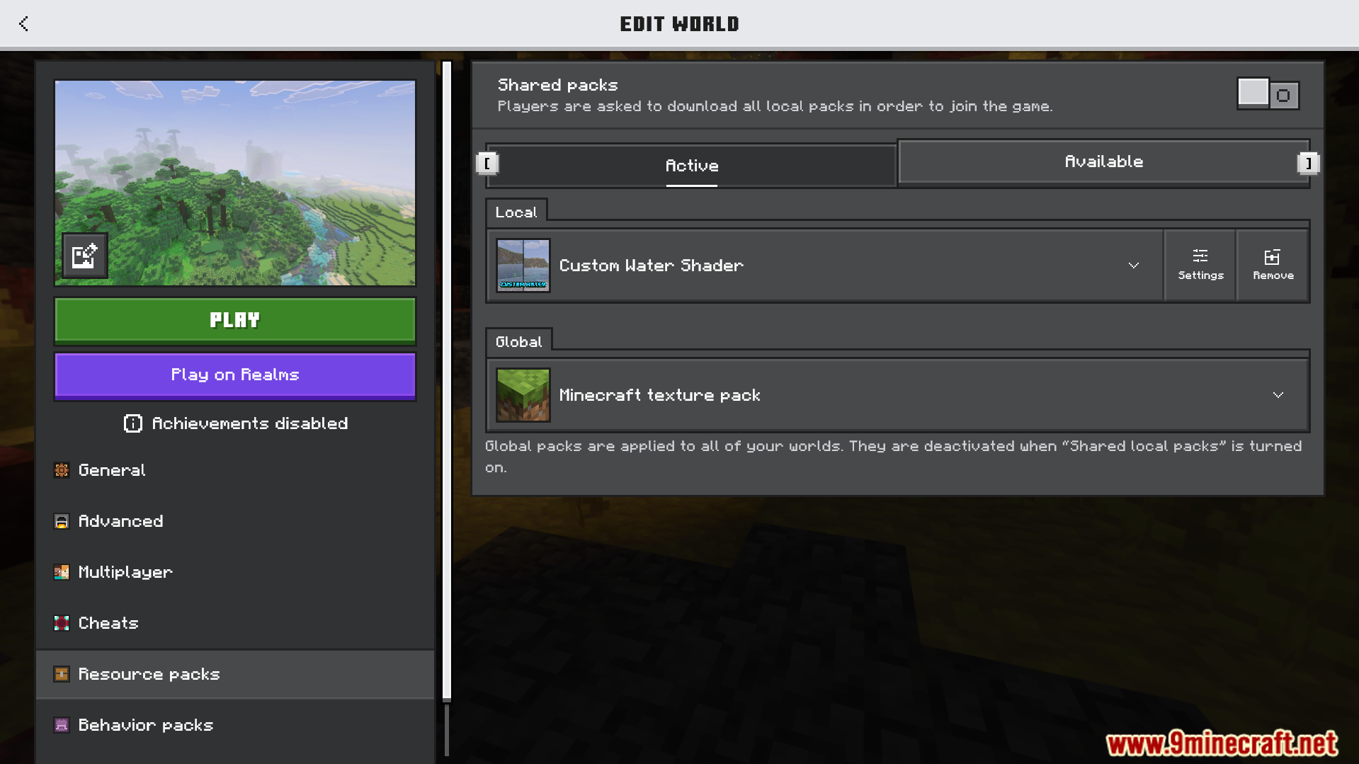 Minecraft Bedrock edit world menu with the Custom Water Shader pack active