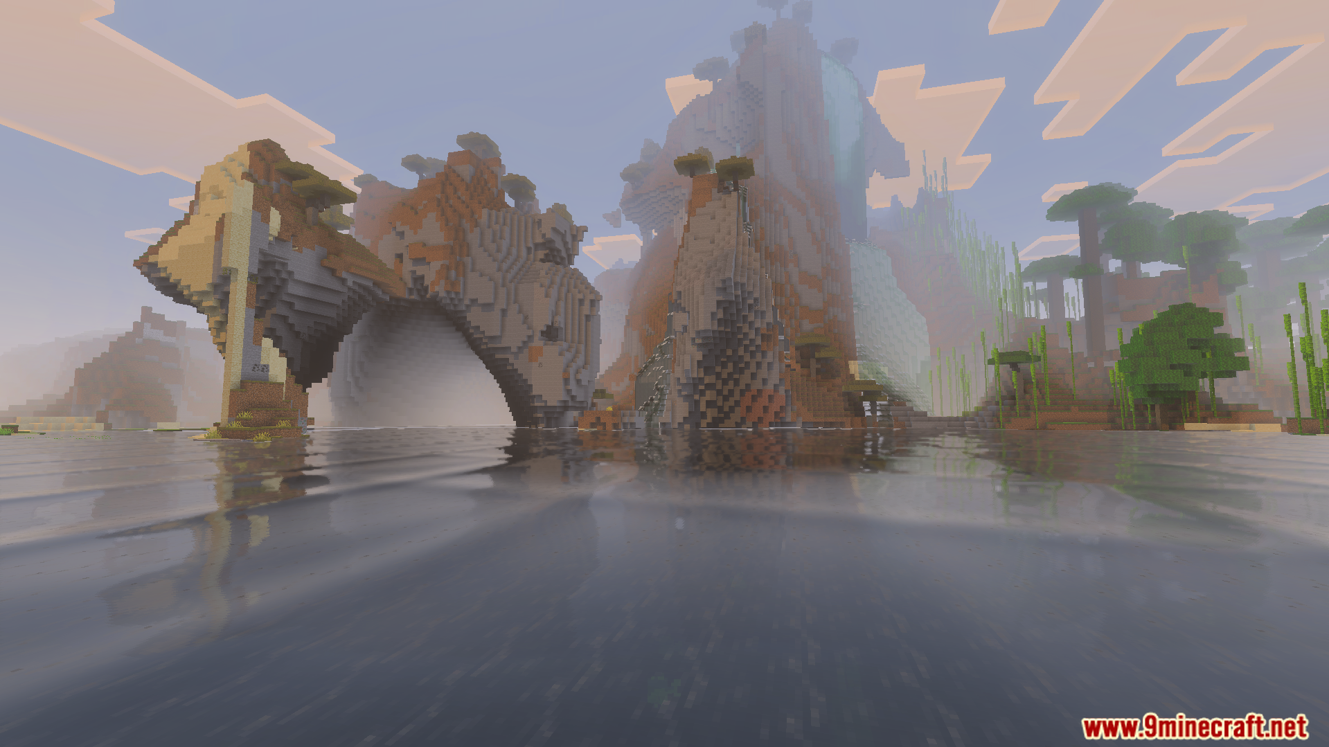 Realistic wavy water reflecting a mountain landscape in Minecraft Bedrock