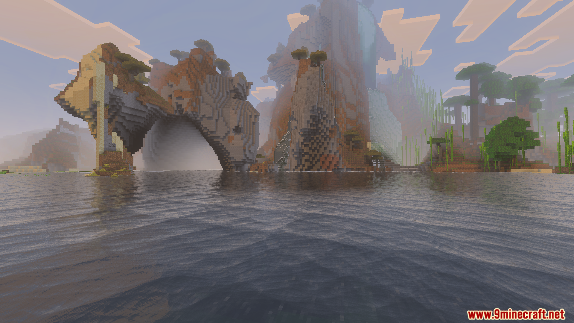 Custom Water Shader addon showing realistic sea waves in a scenic Minecraft landscape