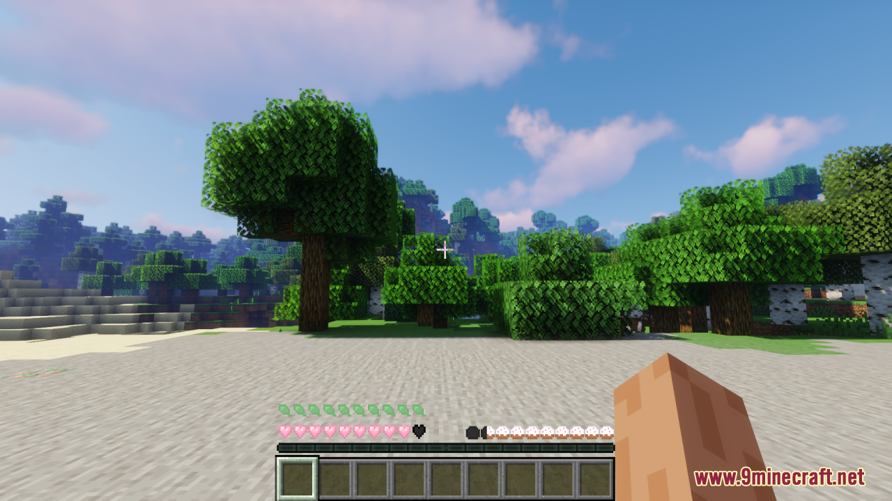 Player standing on a beach looking at a forest with custom heart icons
