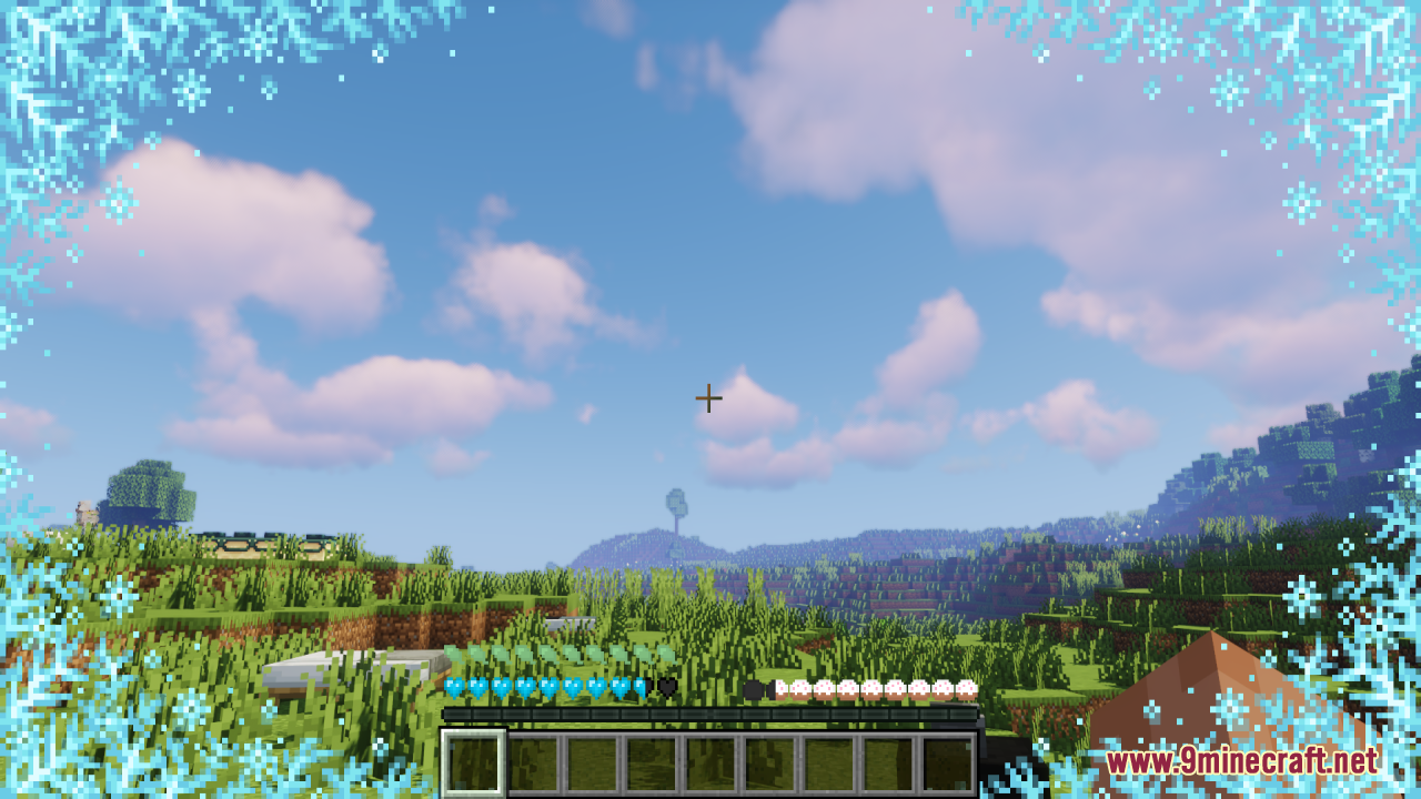 Minecraft landscape featuring a snowflake border and cute blue heart status icons