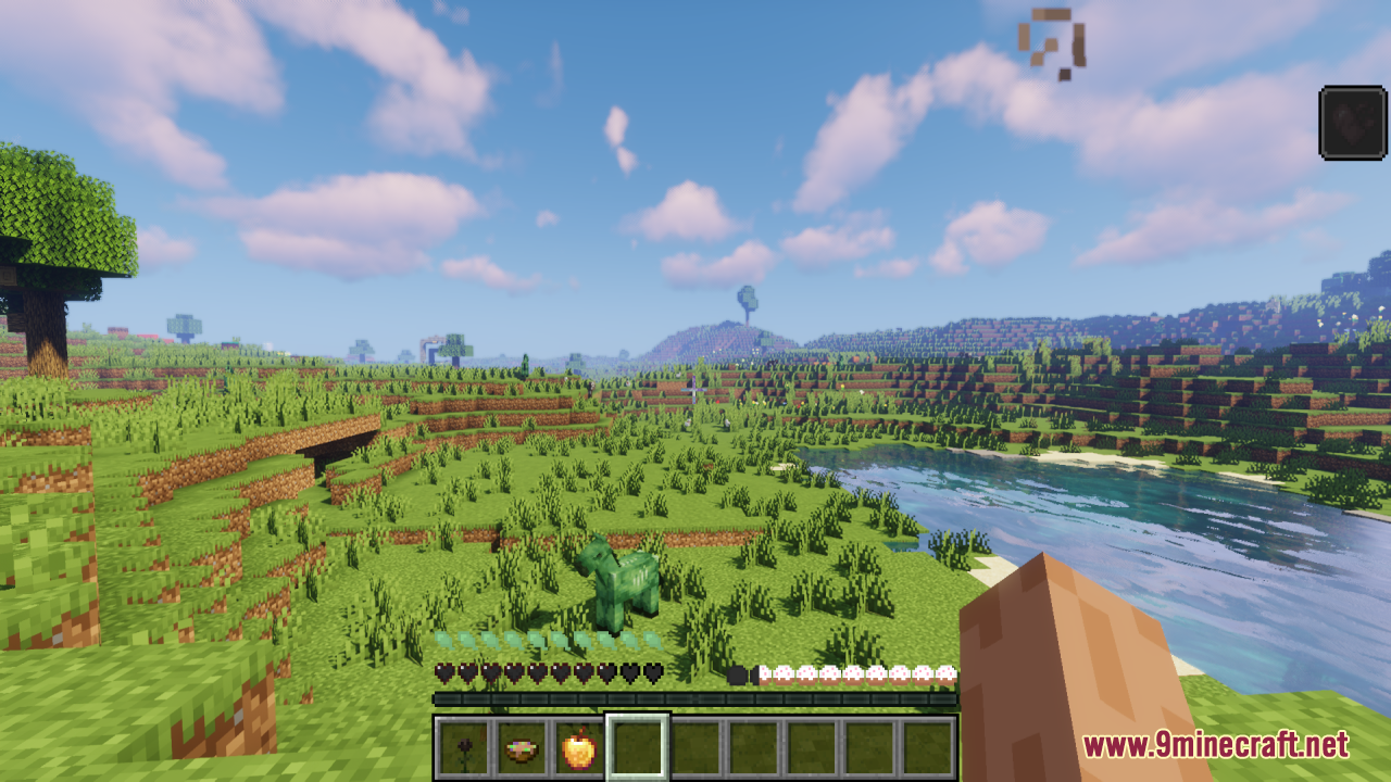 A green horse in a field with custom black heart and hunger icons