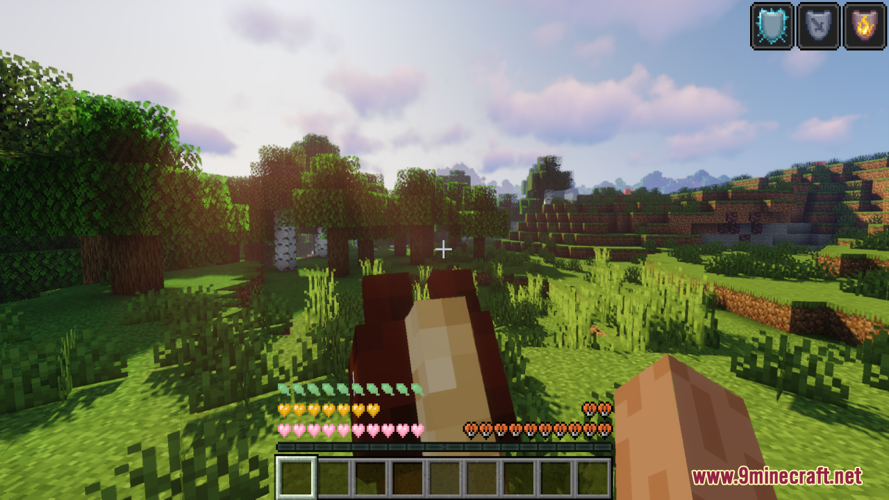 Riding a horse in a forest with colorful health and armor icons
