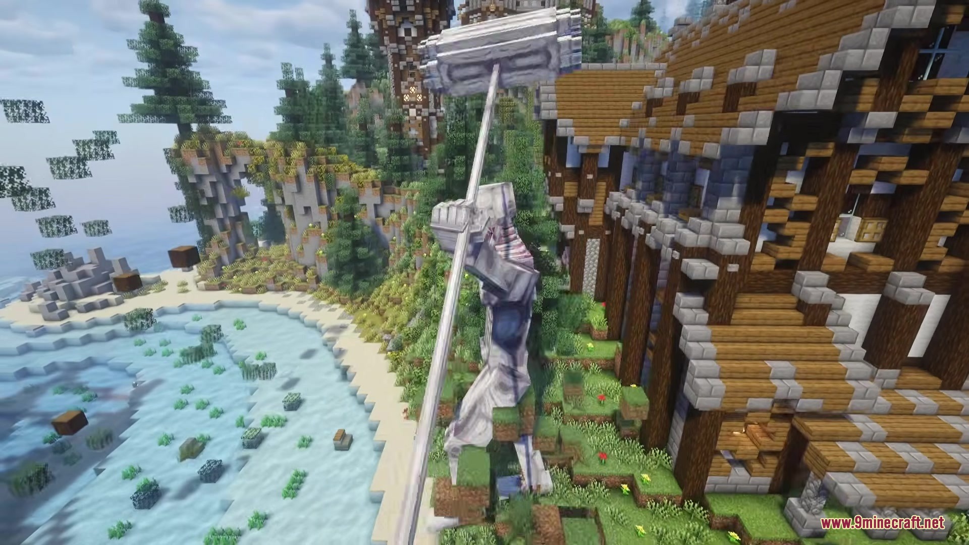 Danny's AOT Mod Screenshot 10 A giant white titan stands beside a wooden house with a hammer