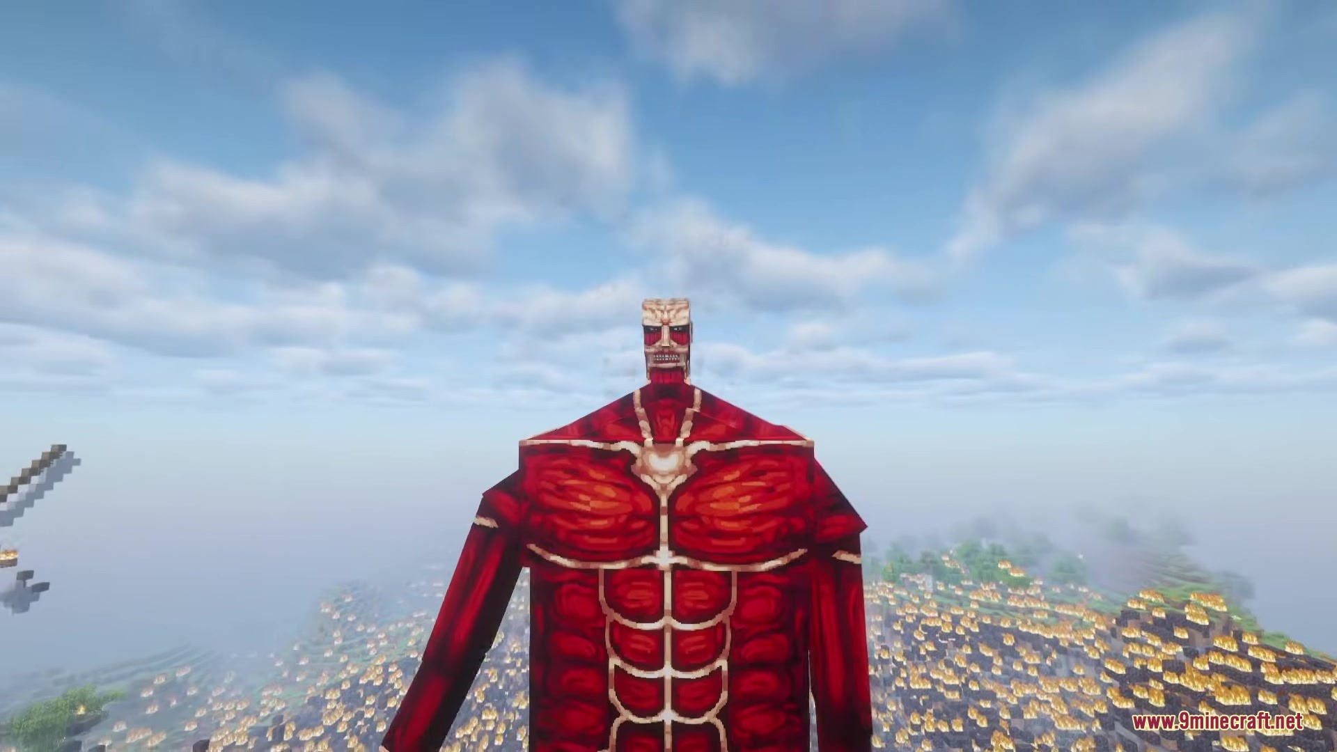 Danny's AOT Mod Screenshot 11 A massive red Colossal Titan towers over a burning Minecraft landscape