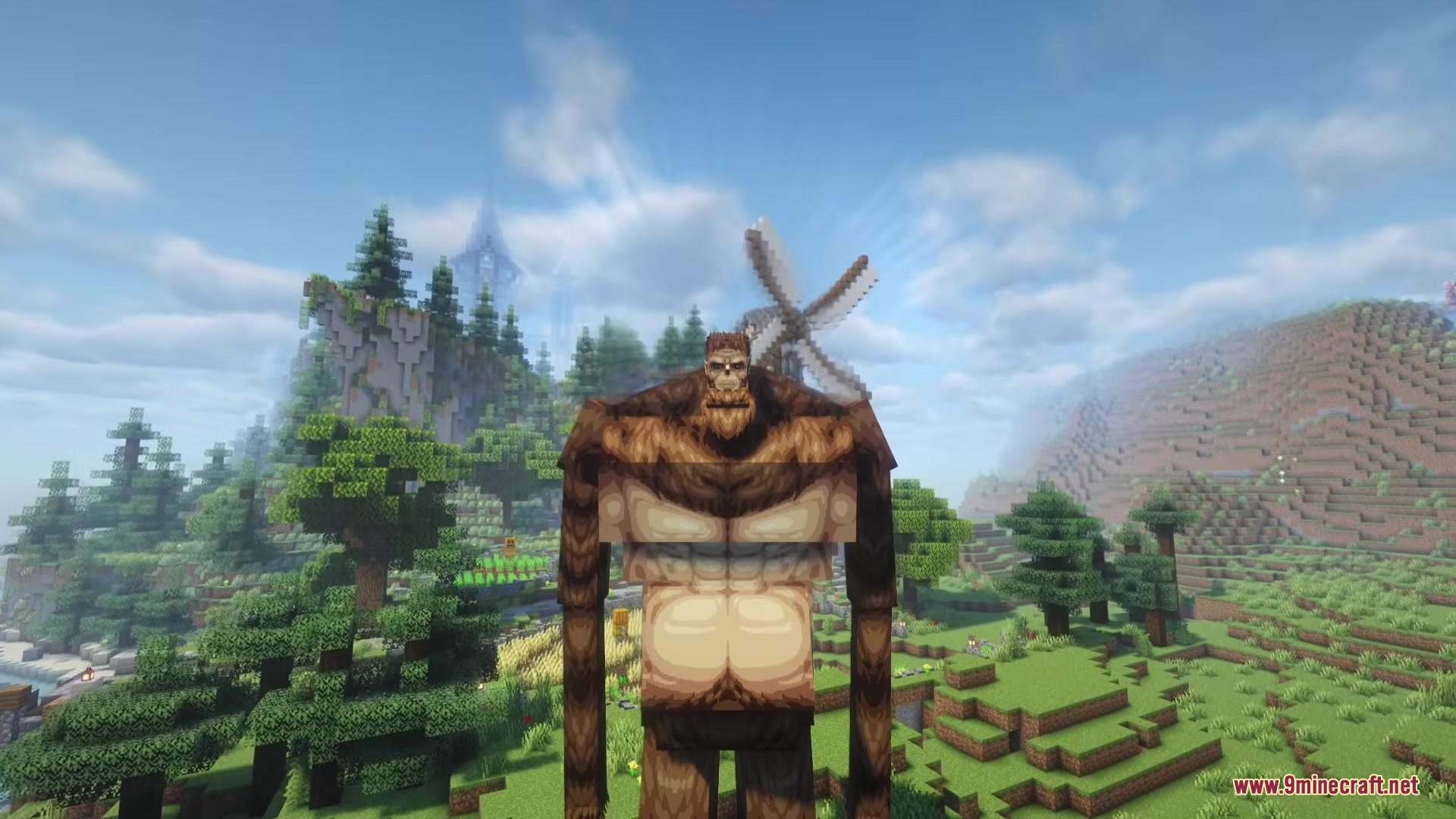 Danny's AOT Mod Screenshot 12 A giant hairy Beast Titan stands in a lush green Minecraft biome