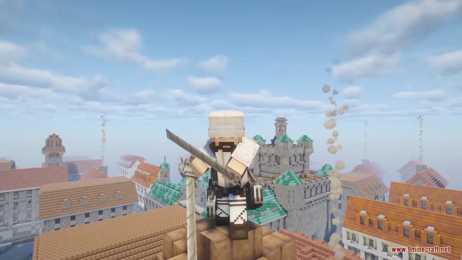 Danny's AOT Mod Screenshot 14 A player character wearing ODM gear stands on a rooftop overlooking the city