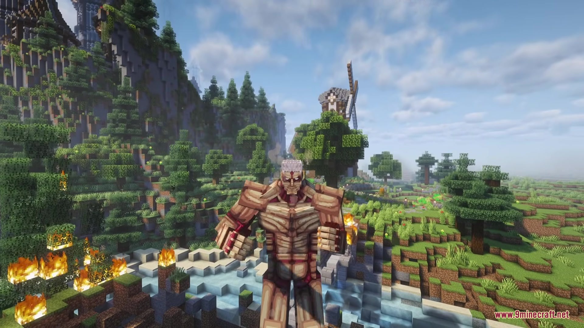 Danny's AOT Mod Screenshot 15 The Armored Titan standing in a scenic Minecraft landscape with a windmill