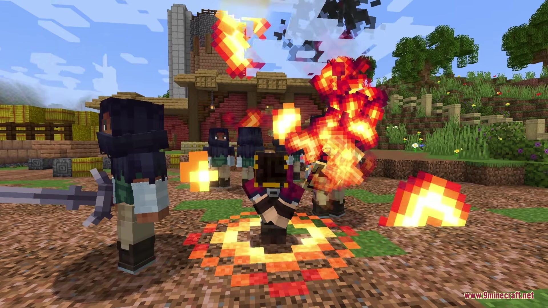 Danny's AOT Mod Screenshot 2 A player character stands in a circle of fire surrounded by armed soldiers