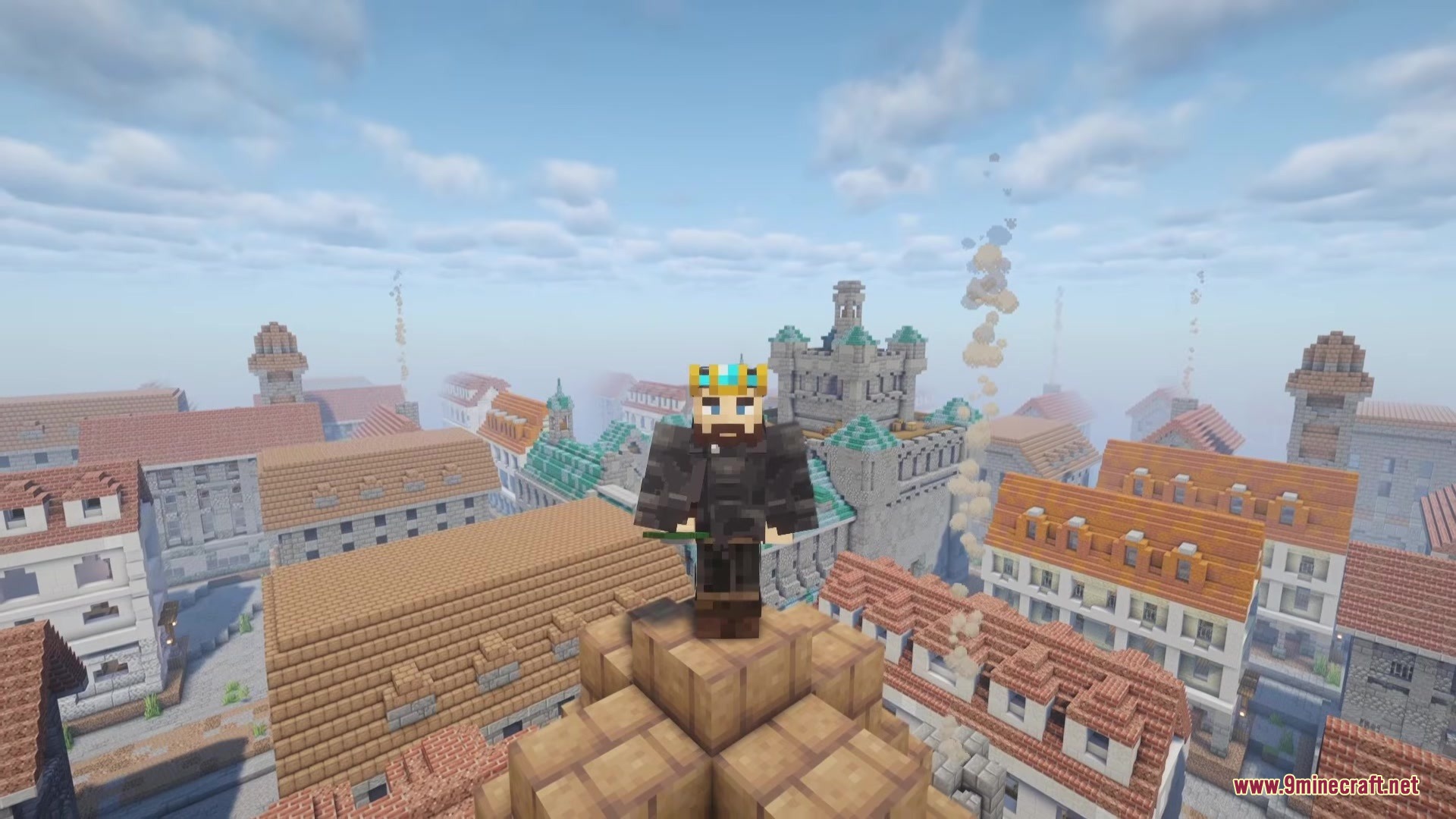 Danny's AOT Mod Screenshot 5 A player wearing a crown stands on a roof overlooking a large city
