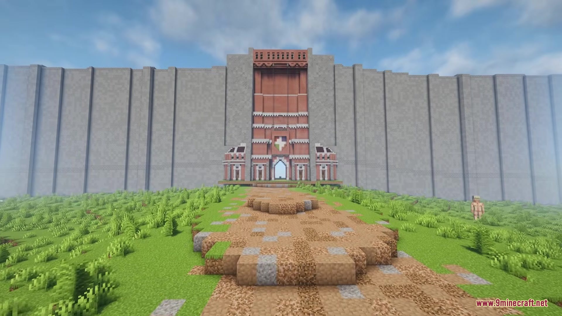 Danny's AOT Mod Screenshot 7 Massive stone wall with a red gate and titan in Danny AOT Mod