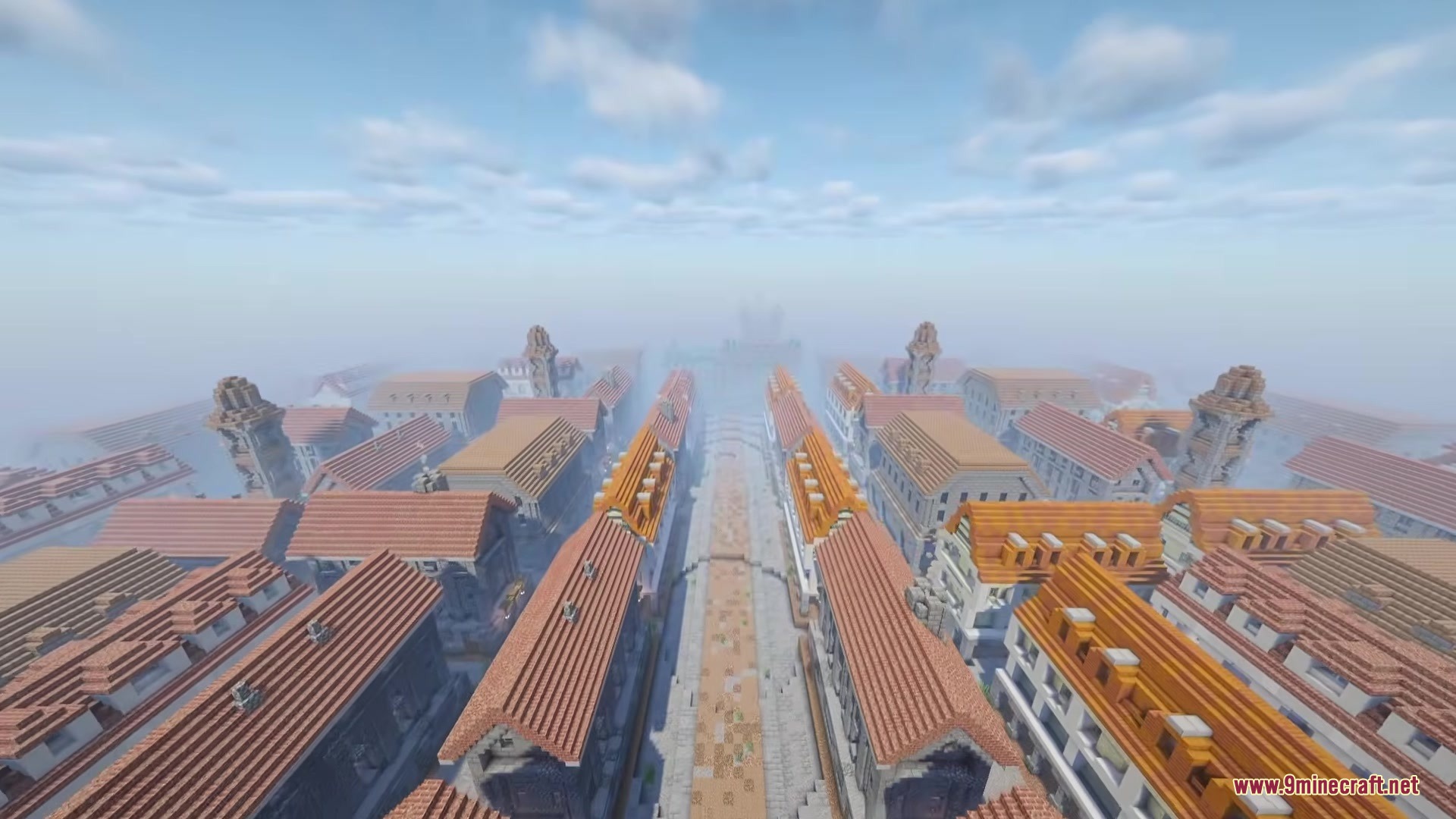 Danny's AOT Mod Screenshot 8 Aerial view of a large city with orange roofs and wide streets