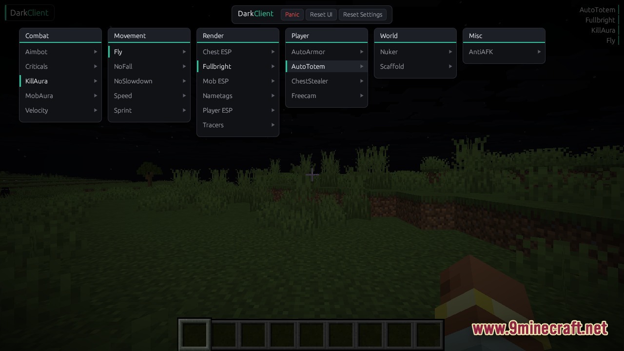 Dark Client Screenshot 1 Dark Client GUI showing combat and movement modules in a night landscape