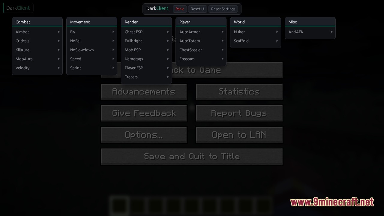 Dark Client Screenshot 2 A custom utility client menu displayed over the Minecraft pause screen