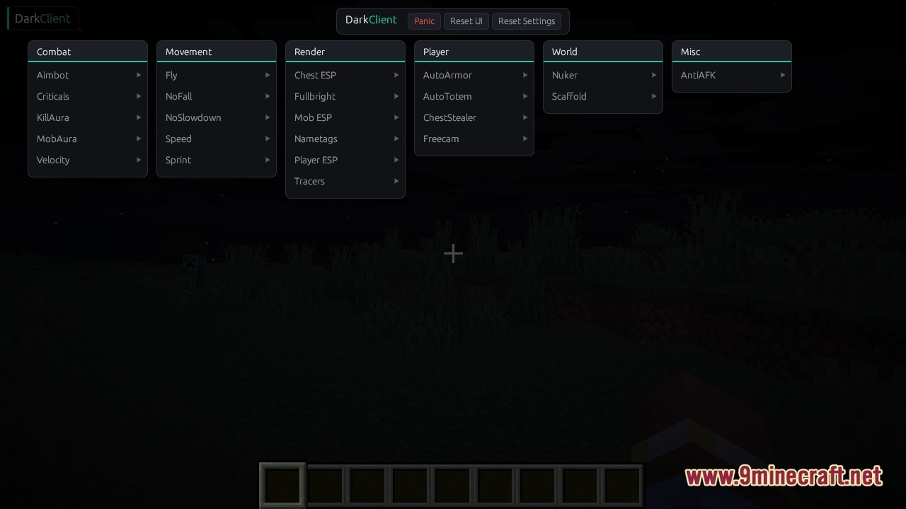 Dark Client Screenshot 3 Dark Client Click GUI interface displaying various utility modules over a Minecraft landscape