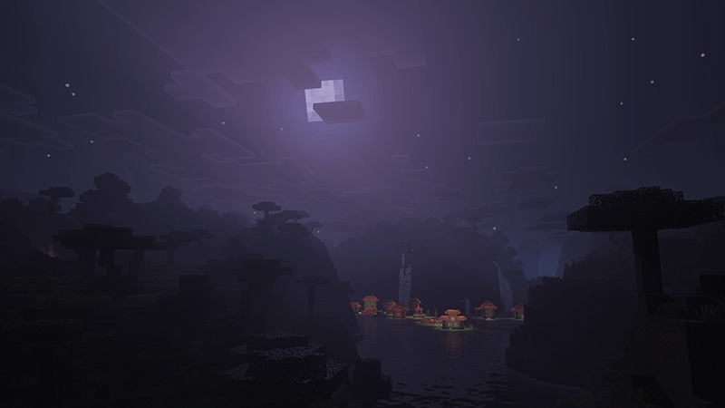 Dark Fantasy Visuals Shader Screenshot 1 Mysterious night landscape with deep shadows and thick fog near a village