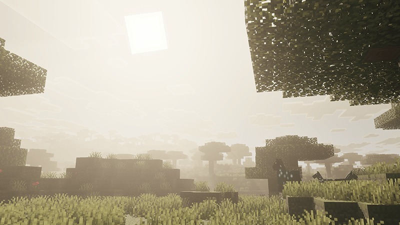 Dark Fantasy Visuals Shader Screenshot 2 Bright square sun shining over a foggy savanna biome with grazing horses