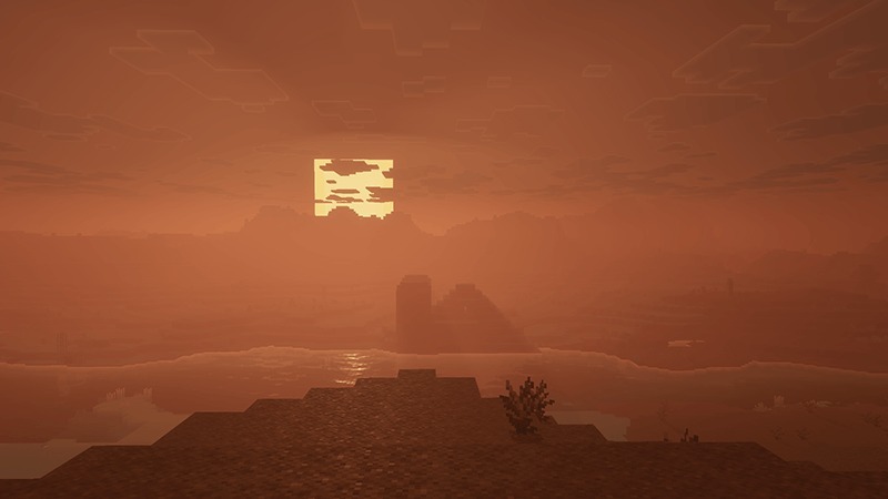 Dark Fantasy Visuals Shader Screenshot 4 Dusty orange sunset over a desert landscape with a bright square sun