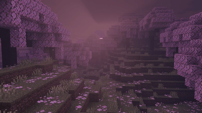 Dark Fantasy Visuals Shader Screenshot 5 Mysterious thick fog covering a cherry blossom biome with muted pink colors