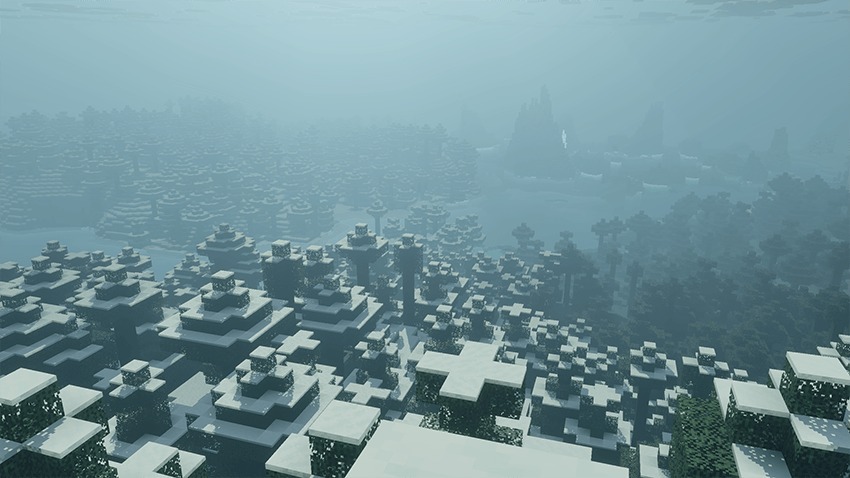 Dark Fantasy Visuals Shader Screenshot 6 Snowy forest biome covered in thick mysterious fog with muted colors