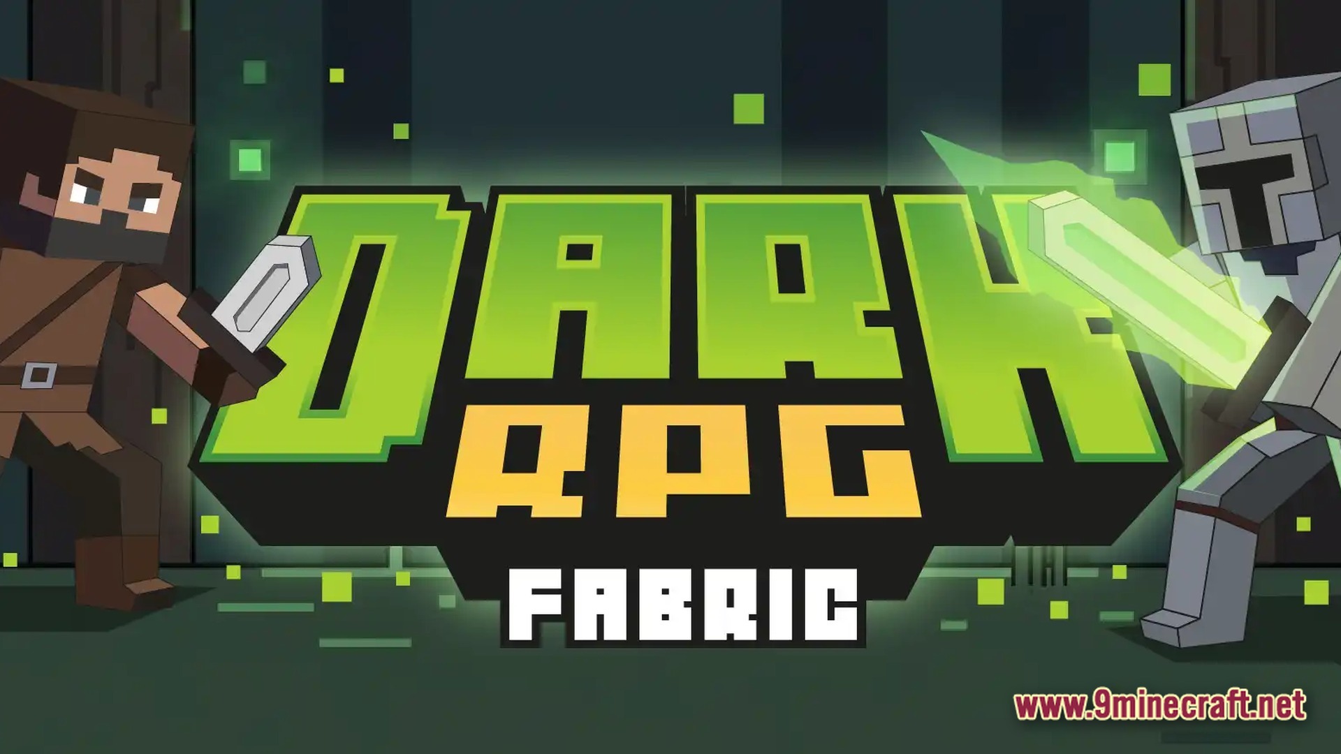 Dark RPG Modpack Screenshot 1 Two Minecraft characters in armor and leather gear wielding swords beside the Dark RPG Fabric logo