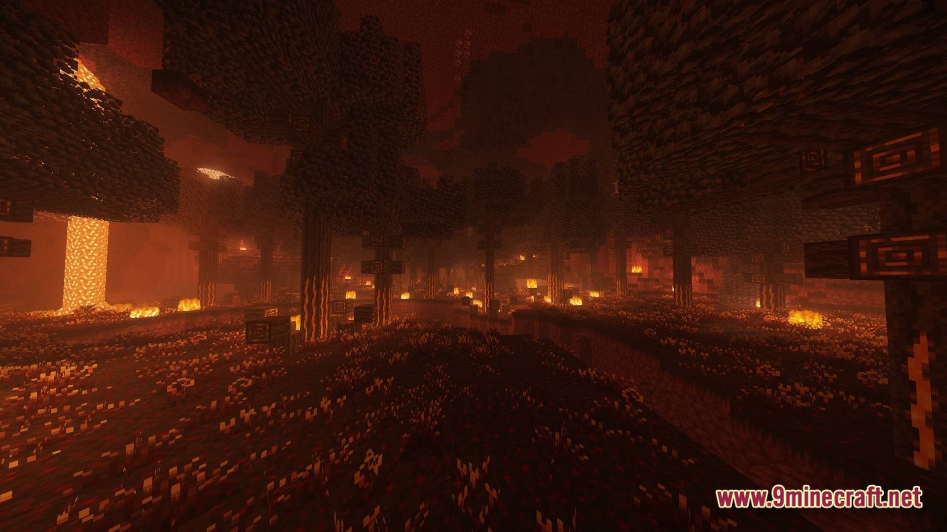 Dark RPG Modpack Screenshot 10 A dark Nether forest biome featuring glowing lava falls, fire, and custom block textures