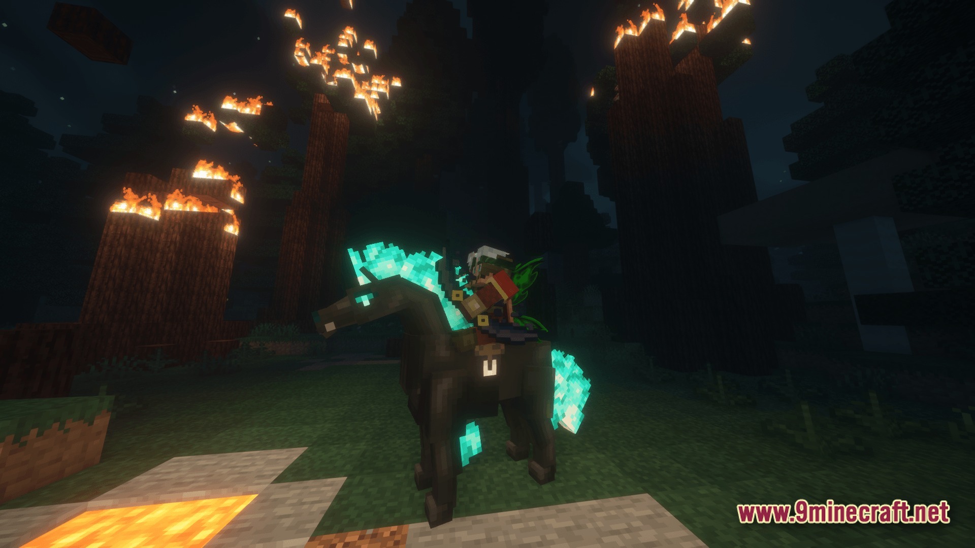 Dark RPG Modpack Screenshot 2 A player rides a spectral horse through a dark forest with burning trees at night
