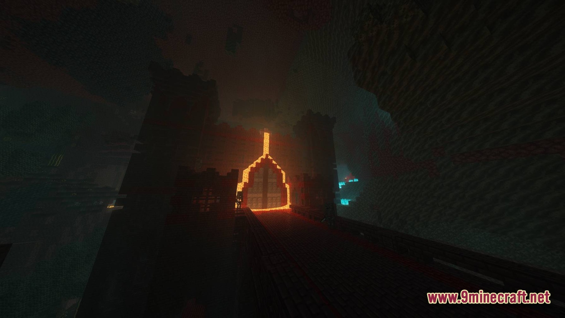 Dark RPG Modpack Screenshot 3 A large nether brick fortress with a lava-outlined entrance gate located within a dark cavern
