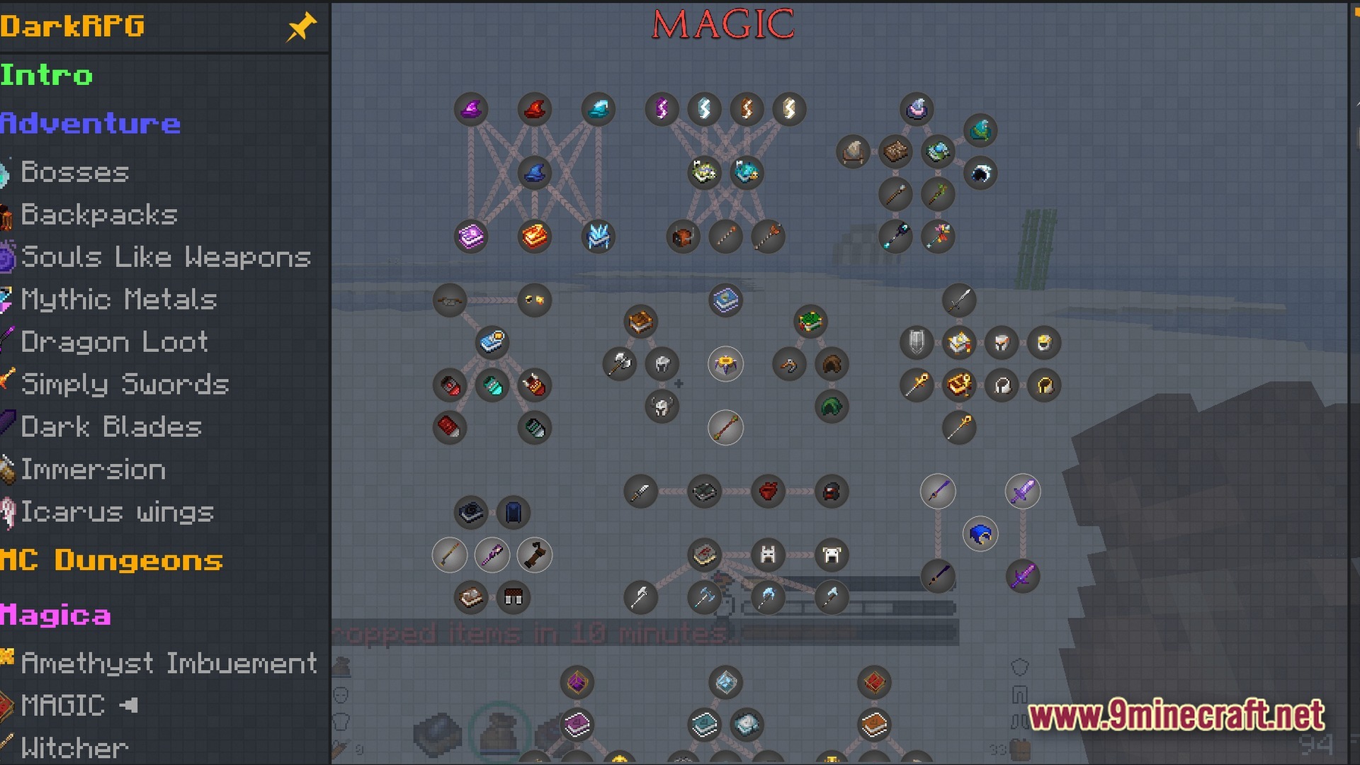 Dark RPG Modpack Screenshot 4 The quest menu interface displaying various magic-related progression paths, items, and equipment in DarkRPG