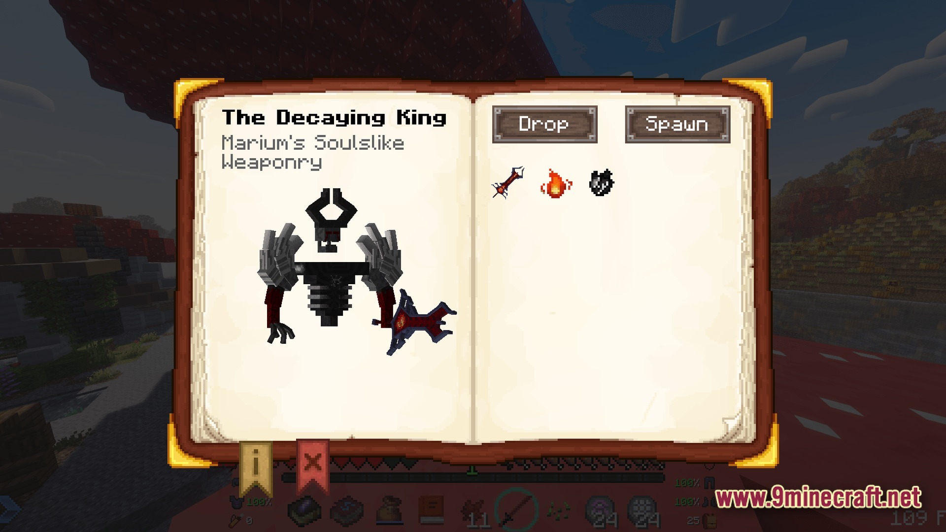 Dark RPG Modpack Screenshot 6 An open bestiary book displaying The Decaying King boss and its potential loot drops