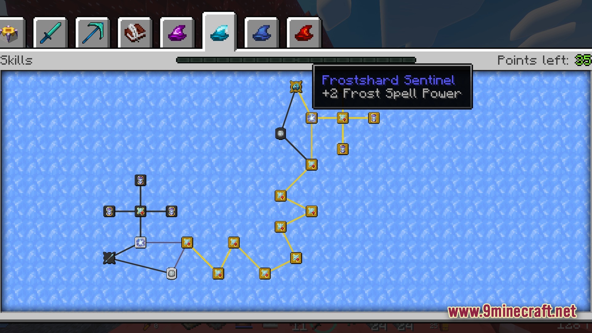 Dark RPG Modpack Screenshot 7 A skill tree interface for the Frostshard Sentinel class, displaying various magic ability nodes and upgrades