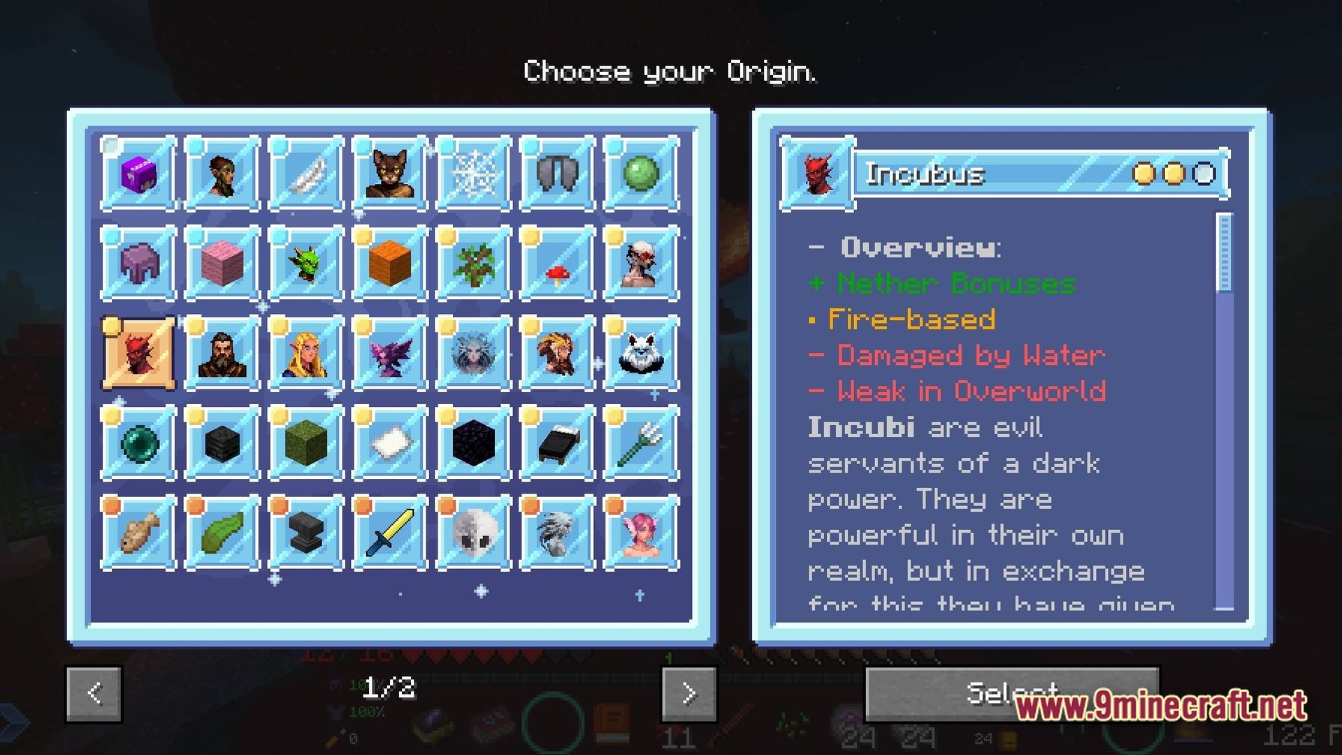 Dark RPG Modpack Screenshot 8 The character creation screen displays various origin choices and the specific attributes of the Incubus class