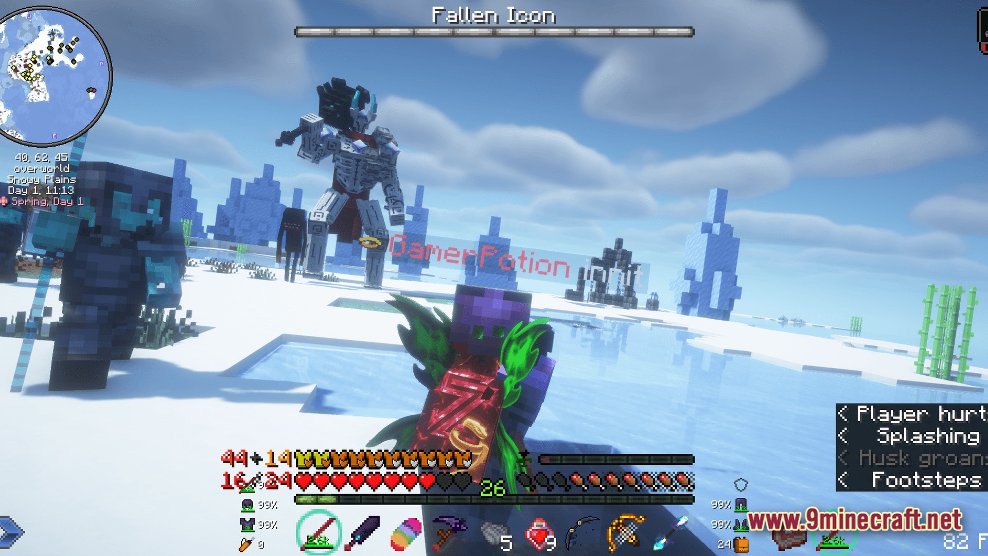 Dark RPG Modpack Screenshot 9 A player faces the Fallen Icon boss and armored mobs in a snowy plains biome