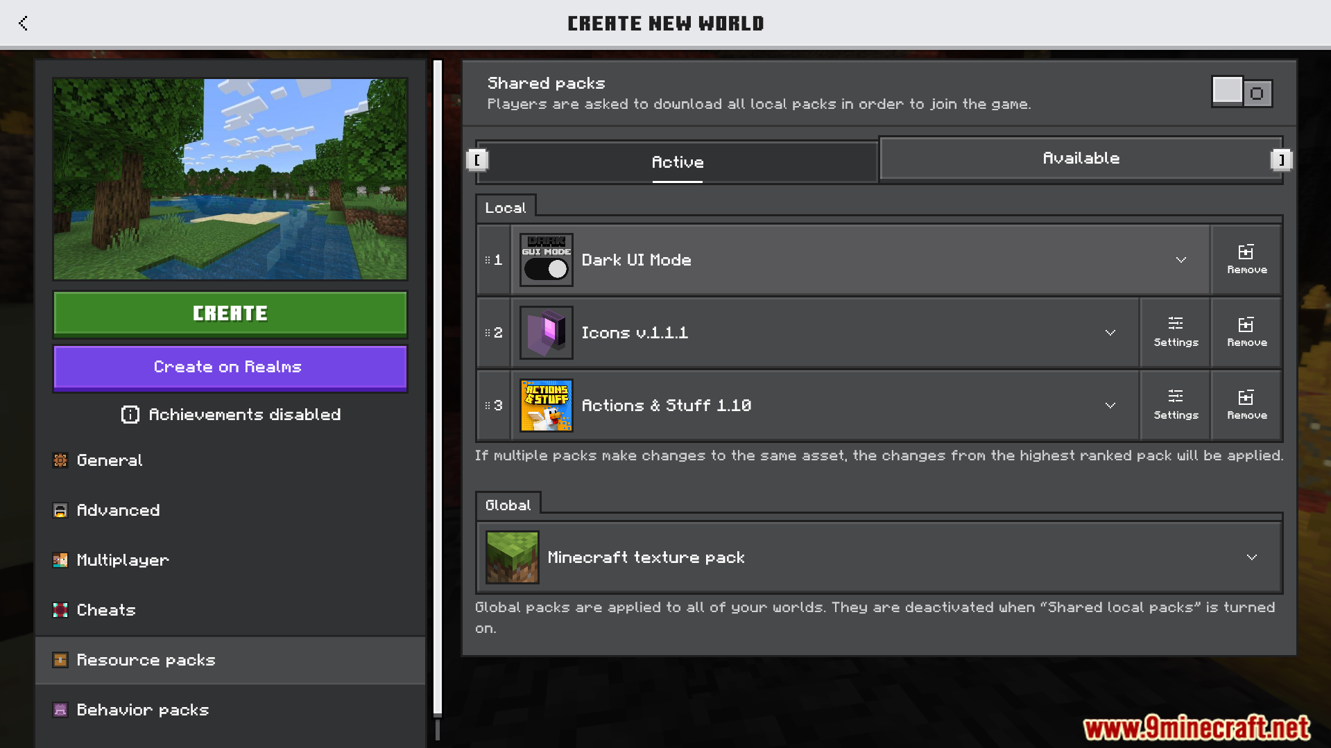 Resource pack settings menu showing Dark UI Mode enabled for the game interface