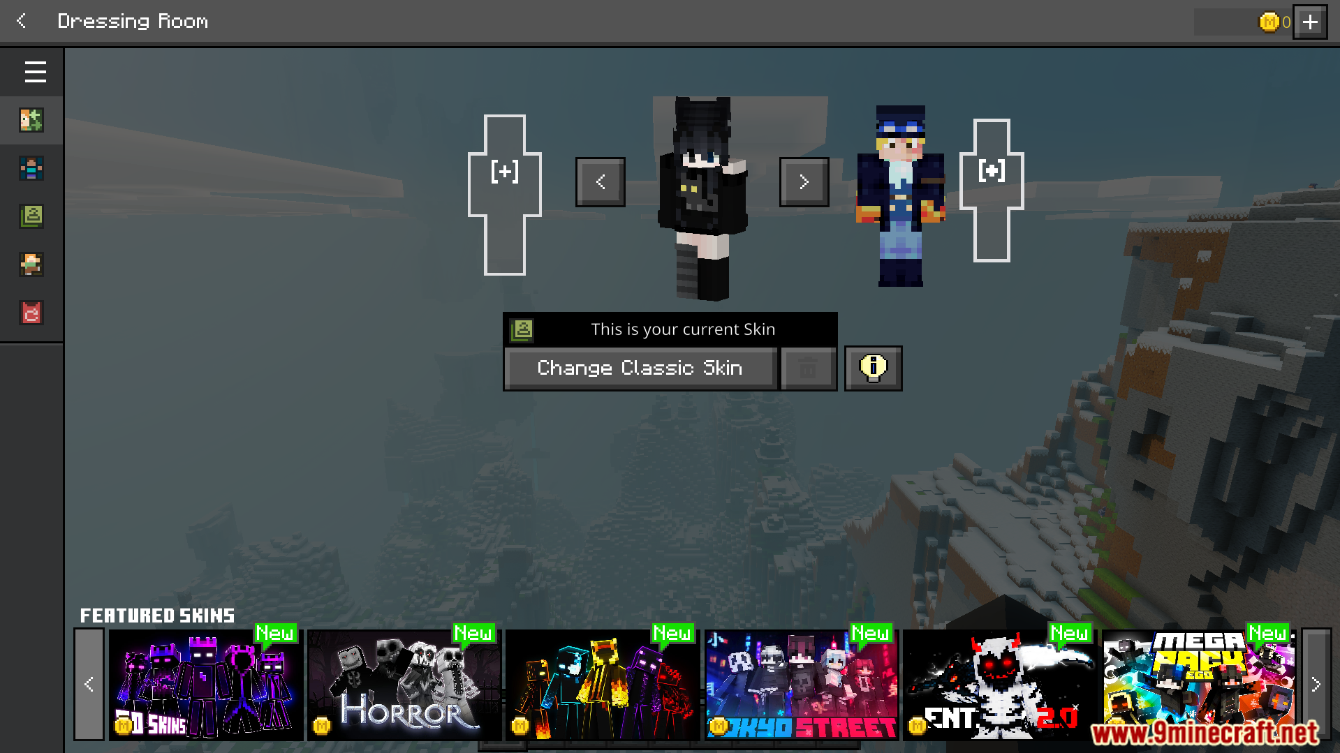 Dressing room screen with dark grey interface showing character skins and featured options
