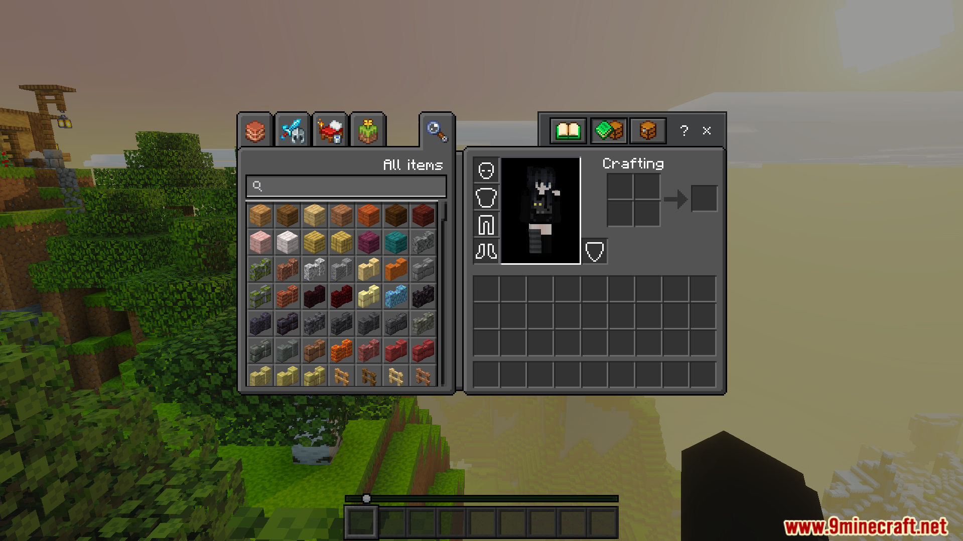 Creative inventory menu showing a dark grey theme and various building blocks