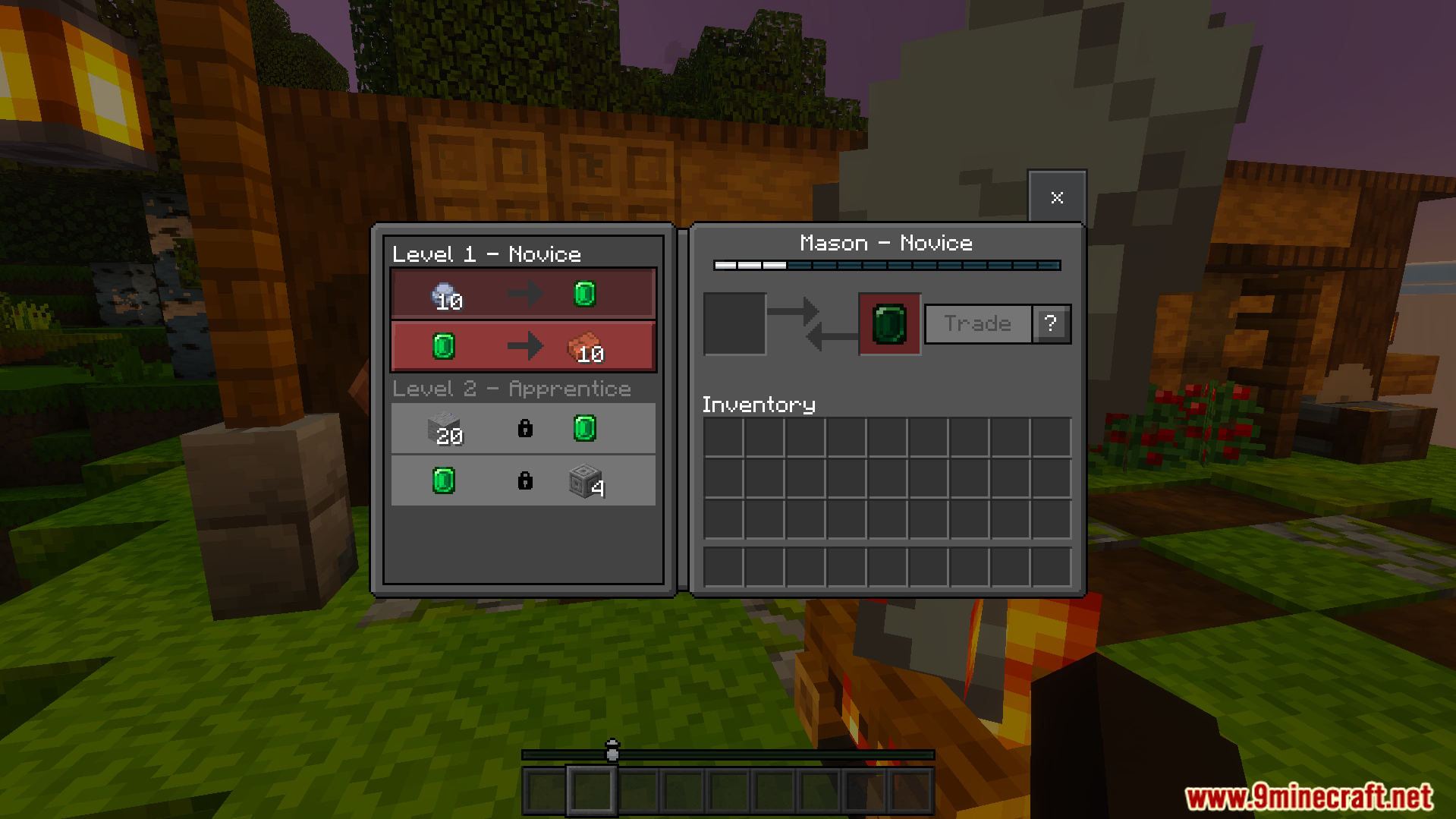 Villager trading screen with a dark mode design for the mason novice
