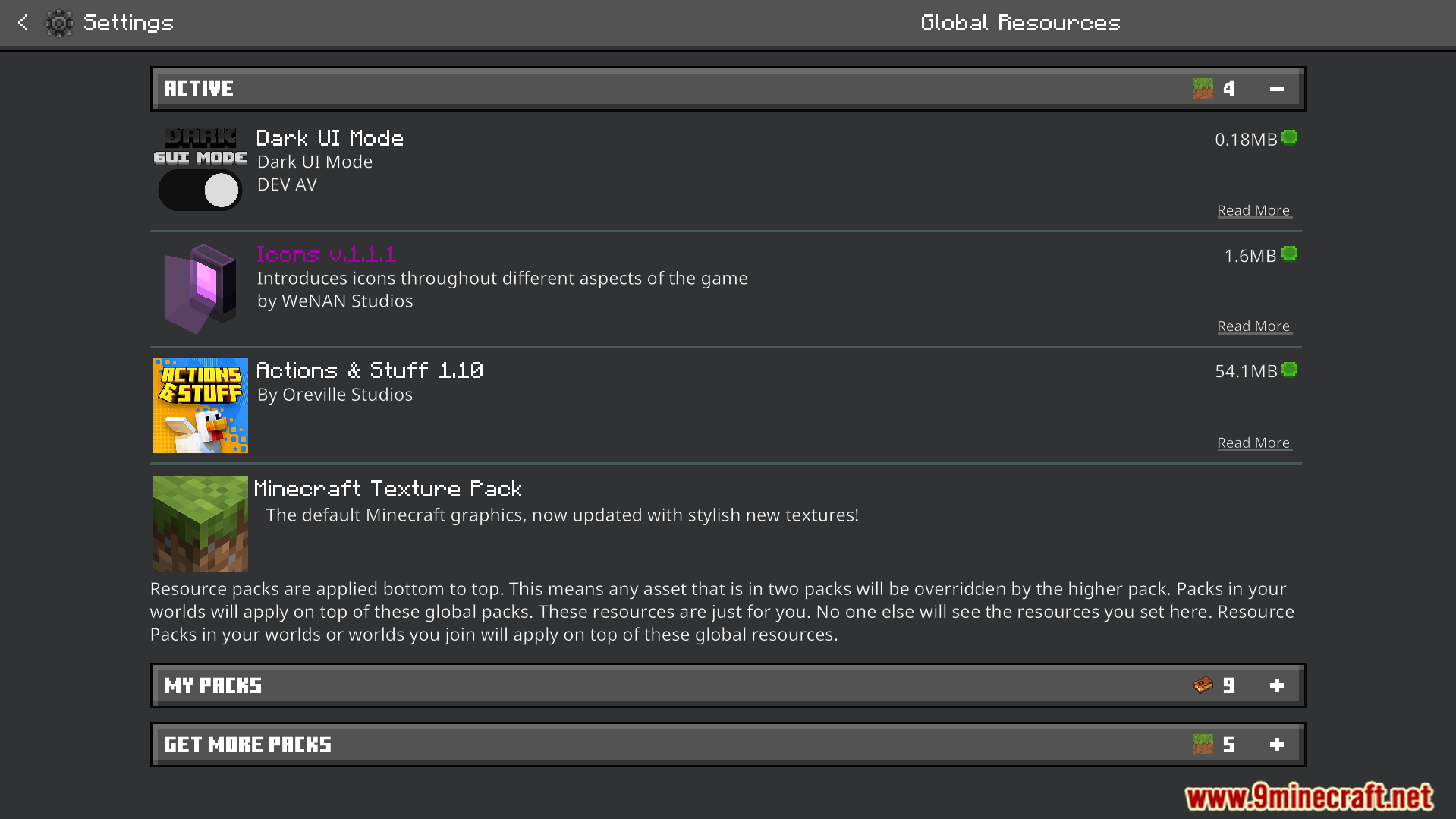 Global resources settings menu with a dark theme resource pack active