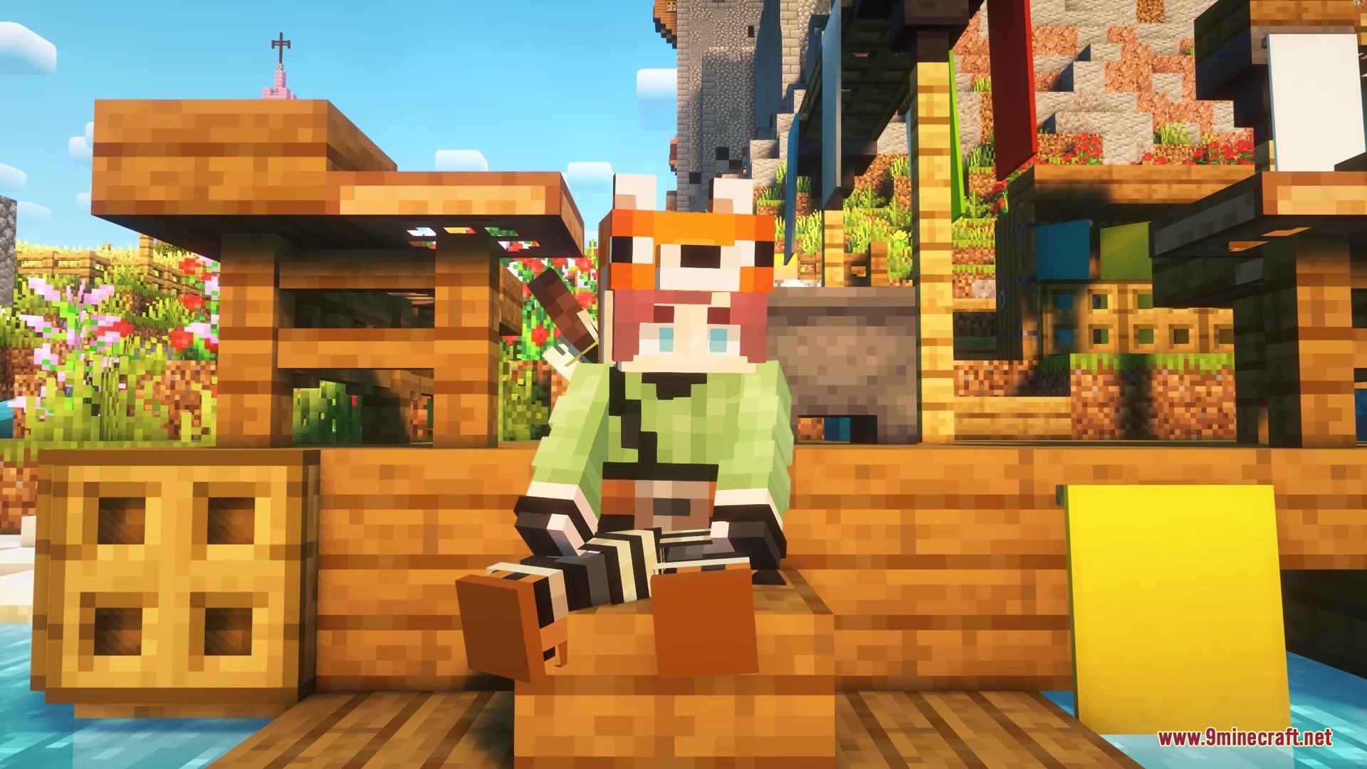 Death Keeper Grave Stones Mod Screenshot 2 A Minecraft player wearing a fox hat sits on a wooden boat dock