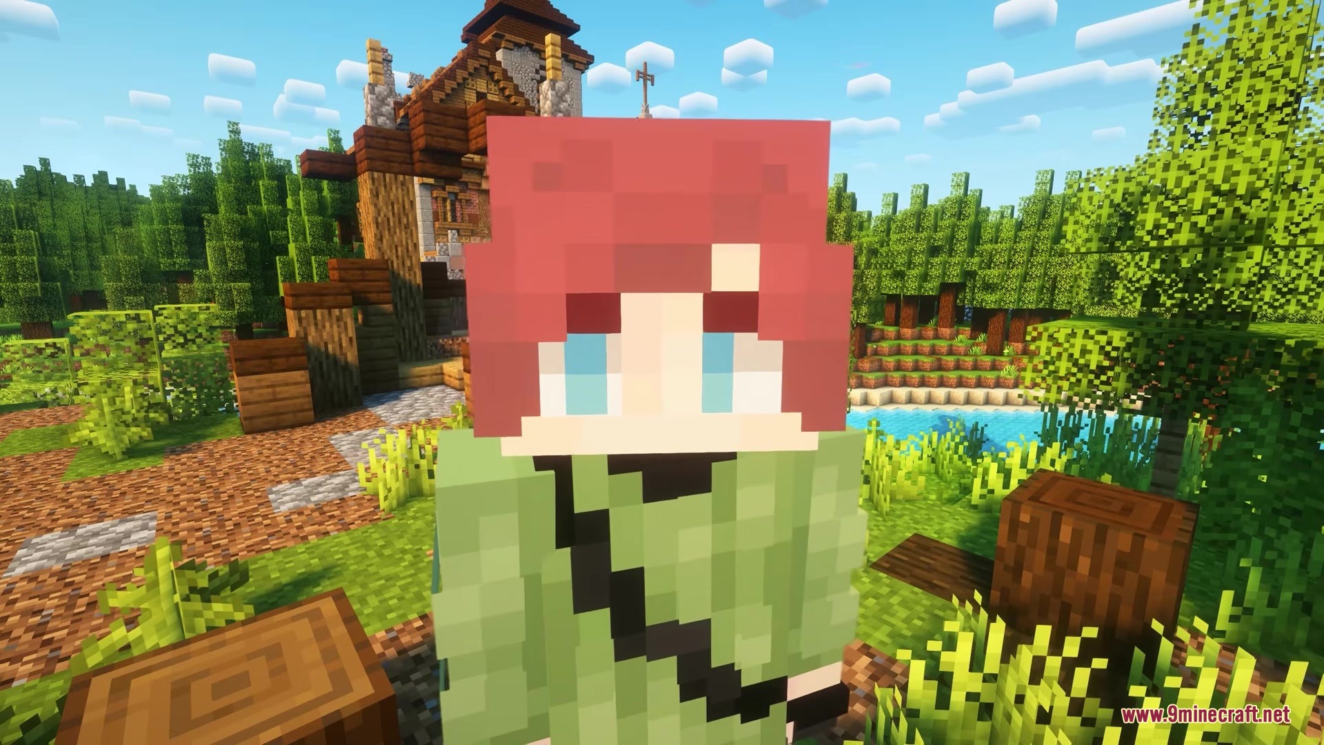 Death Keeper Grave Stones Mod Screenshot 3 A red haired Minecraft character stands in a forest near a wooden building