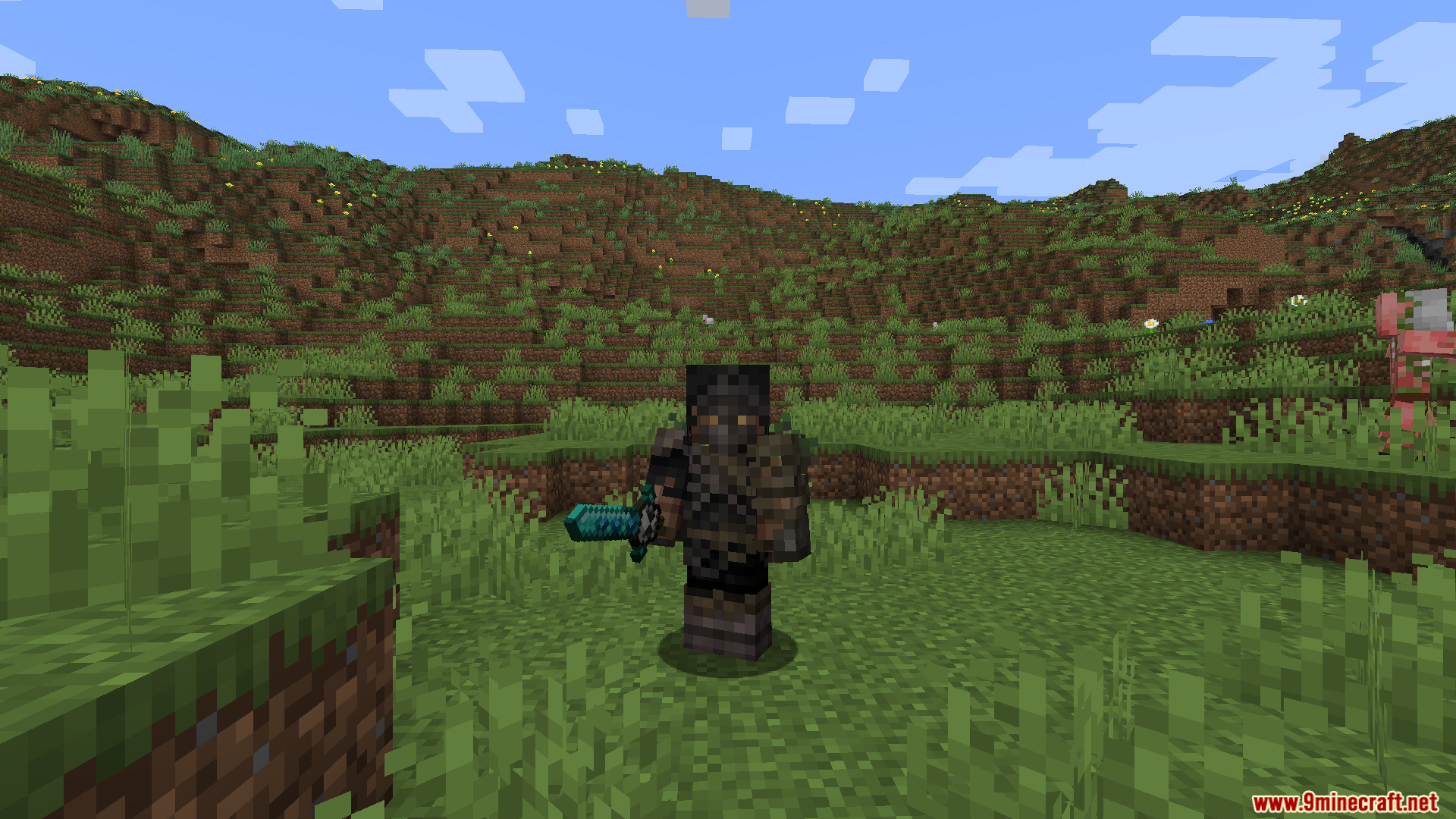 Death Knights PT BR Translation Resource Pack Screenshot 10 A character wearing heavy dark armor and holding a glowing blue enchanted sword