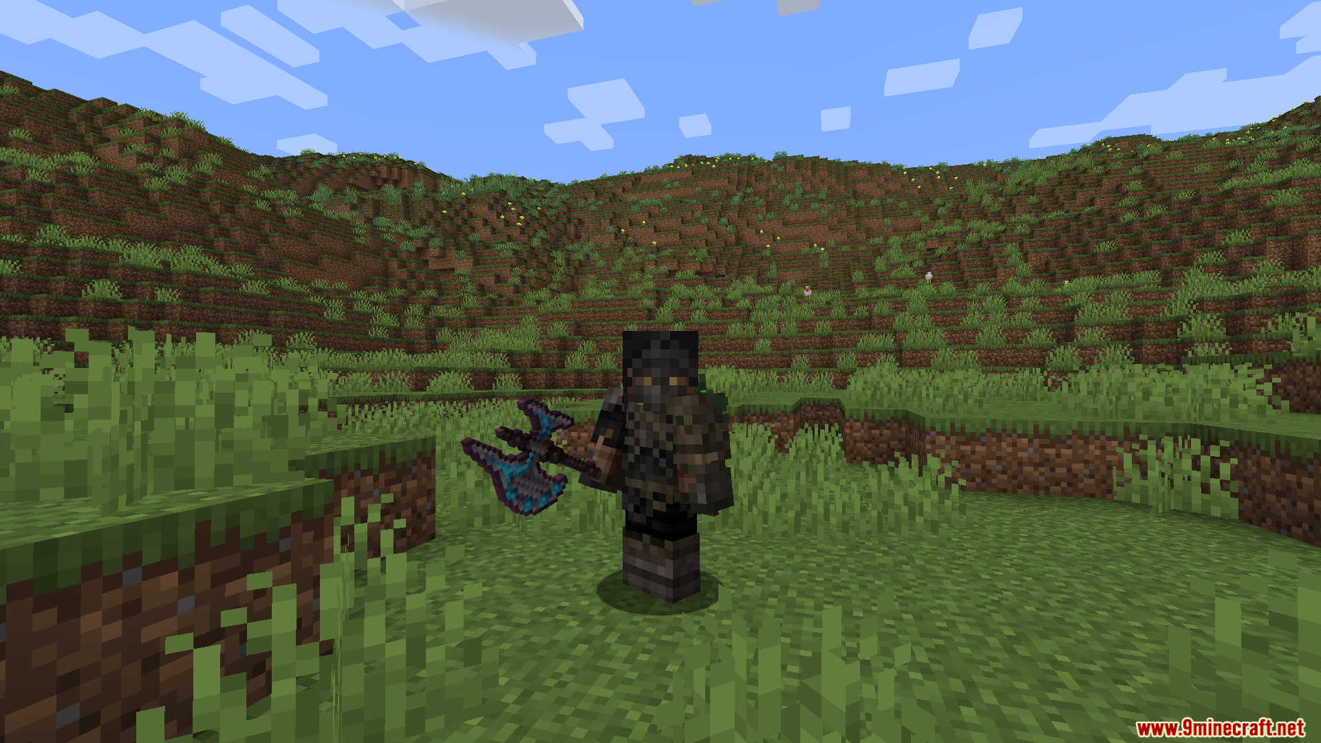 Death Knights PT BR Translation Resource Pack Screenshot 11 Minecraft character in dark knight armor holding a glowing blue battle axe