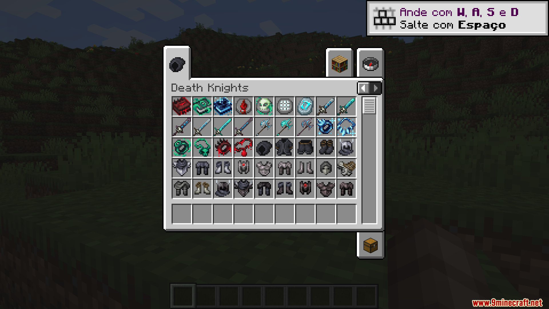 Death Knights PT BR Translation Resource Pack Screenshot 2 Creative inventory screen displaying various weapons and armor sets from the mod